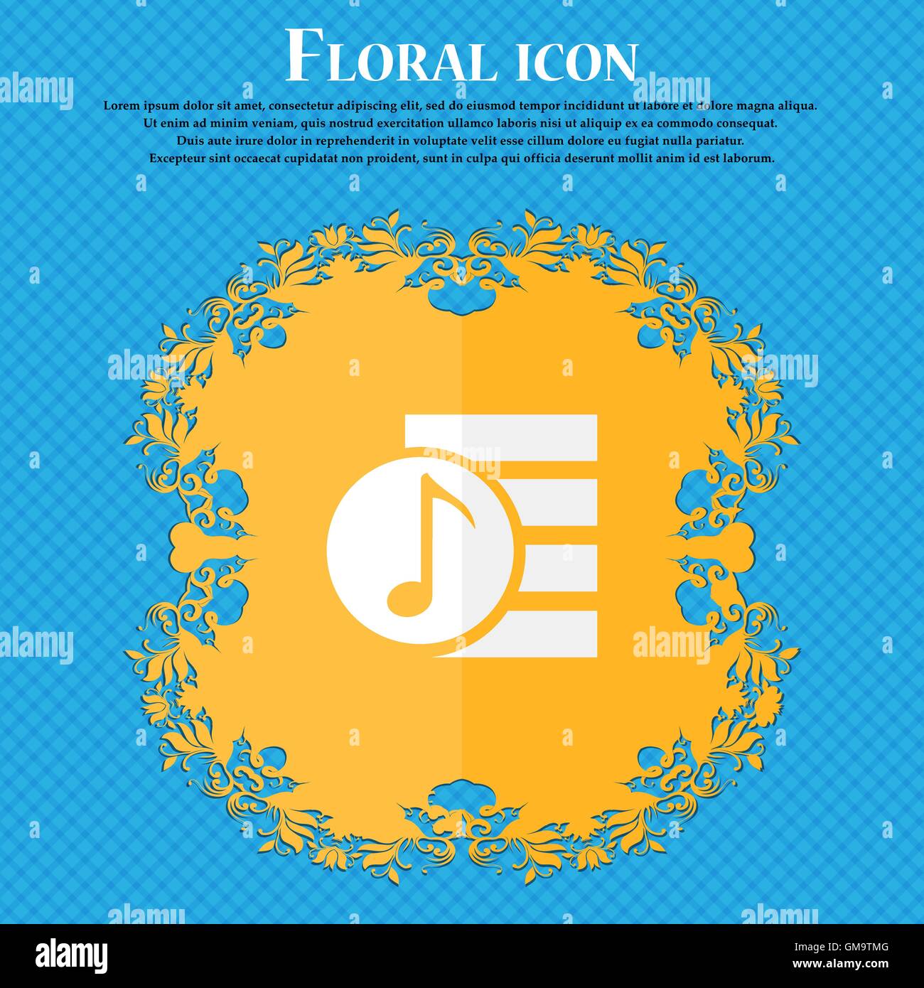 Audio, MP3 file icona segno. Floral design piatto su un blu sfondo astratto con posto per il vostro testo. Vettore Illustrazione Vettoriale