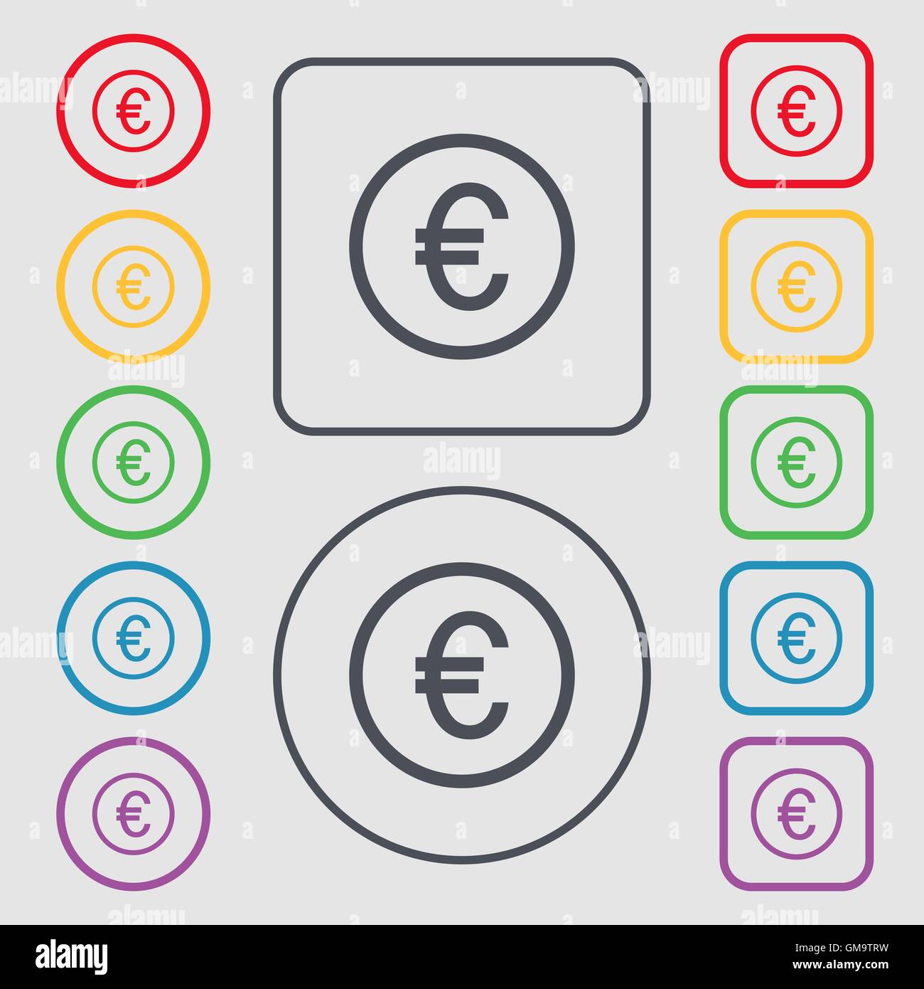 Icona di Euro segno. Simboli sul Round e i pulsanti quadrati con il telaio. Vettore Illustrazione Vettoriale