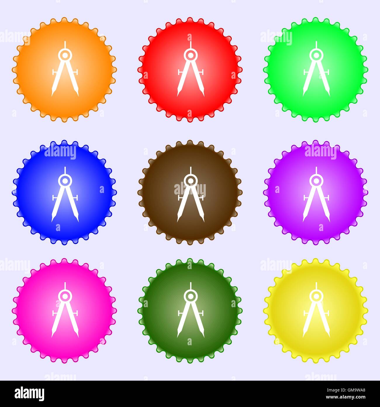 Bussola matematica segno icona. Un insieme di nove diverse etichette colorate. Vettore Illustrazione Vettoriale