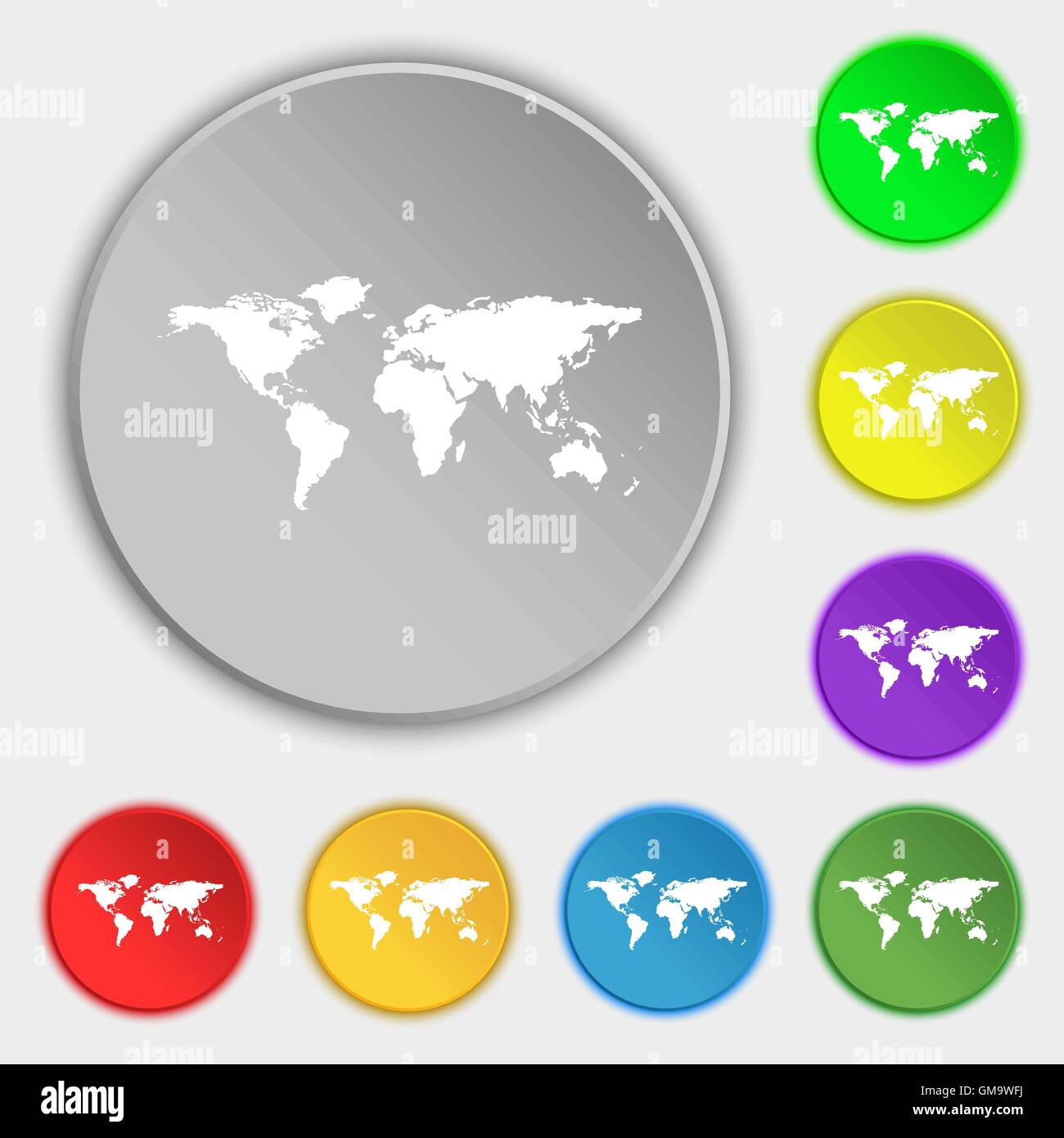 Globo icona segno. Mappa mondo geografia simbolo. Simboli sul piatto di otto pulsanti. Vettore Illustrazione Vettoriale