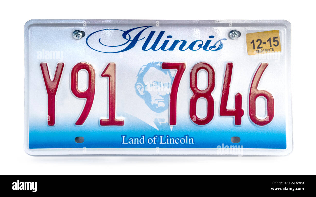Illinois targa; numero di immatricolazione del veicolo. IL Illinois " la terra di Lincoln' numero di targa. Foto Stock