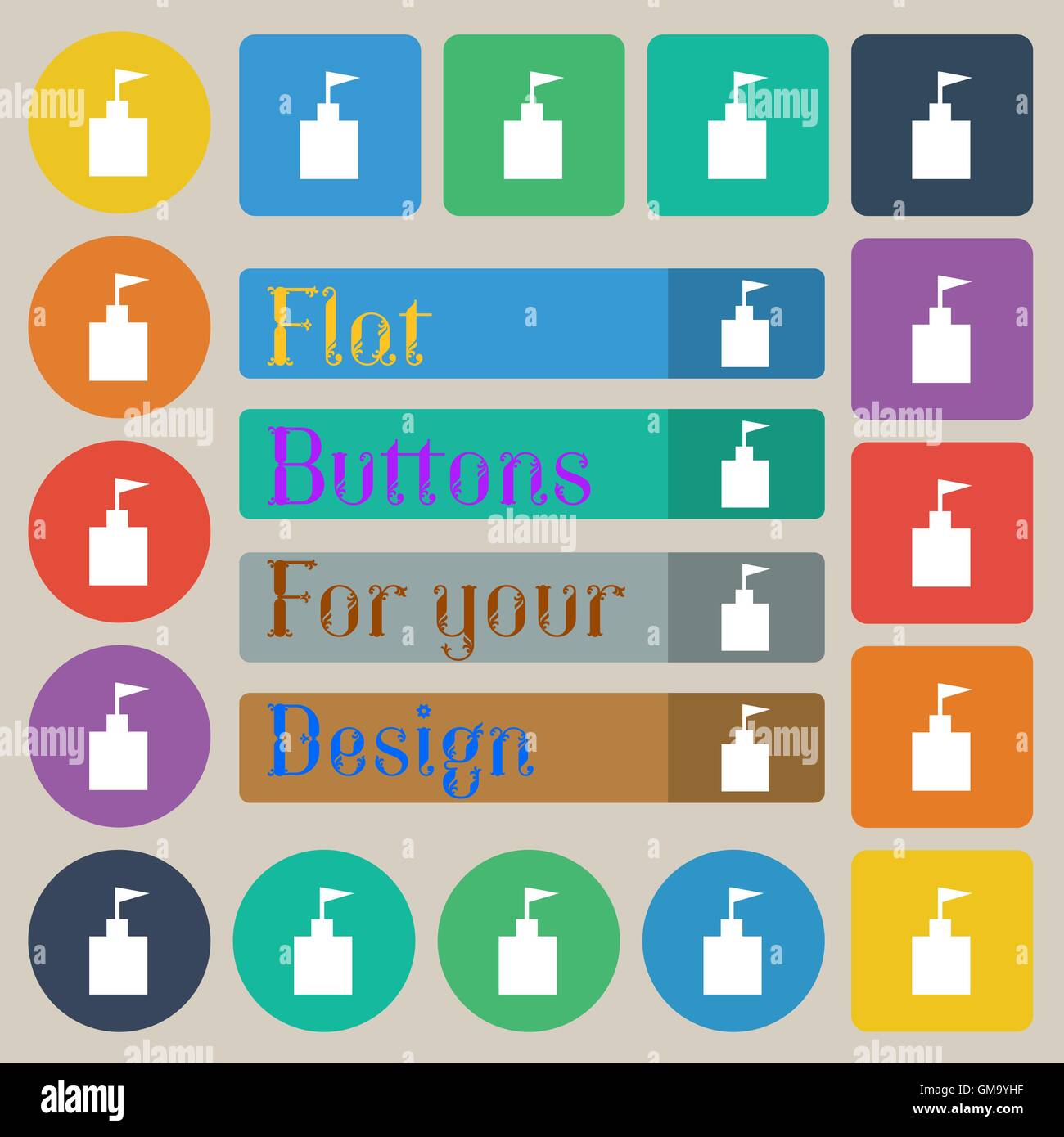 Icona a torre. Piatto moderno. Set di venti colorata piatte, rotonde, quadrate e rettangolari di pulsanti. Vettore Illustrazione Vettoriale