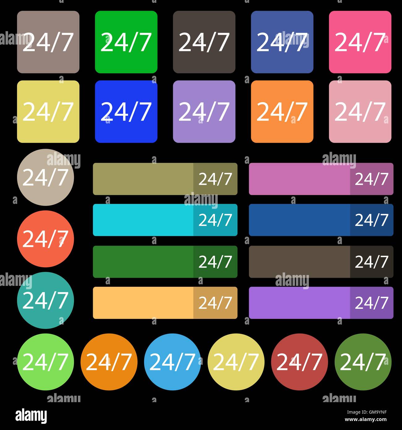 Assistenza e supporto per i clienti. Ventiquattro ore al giorno e 7 giorni alla settimana e la relativa icona. Set da venti sette multicolore pulsanti piana. Vettore Illustrazione Vettoriale