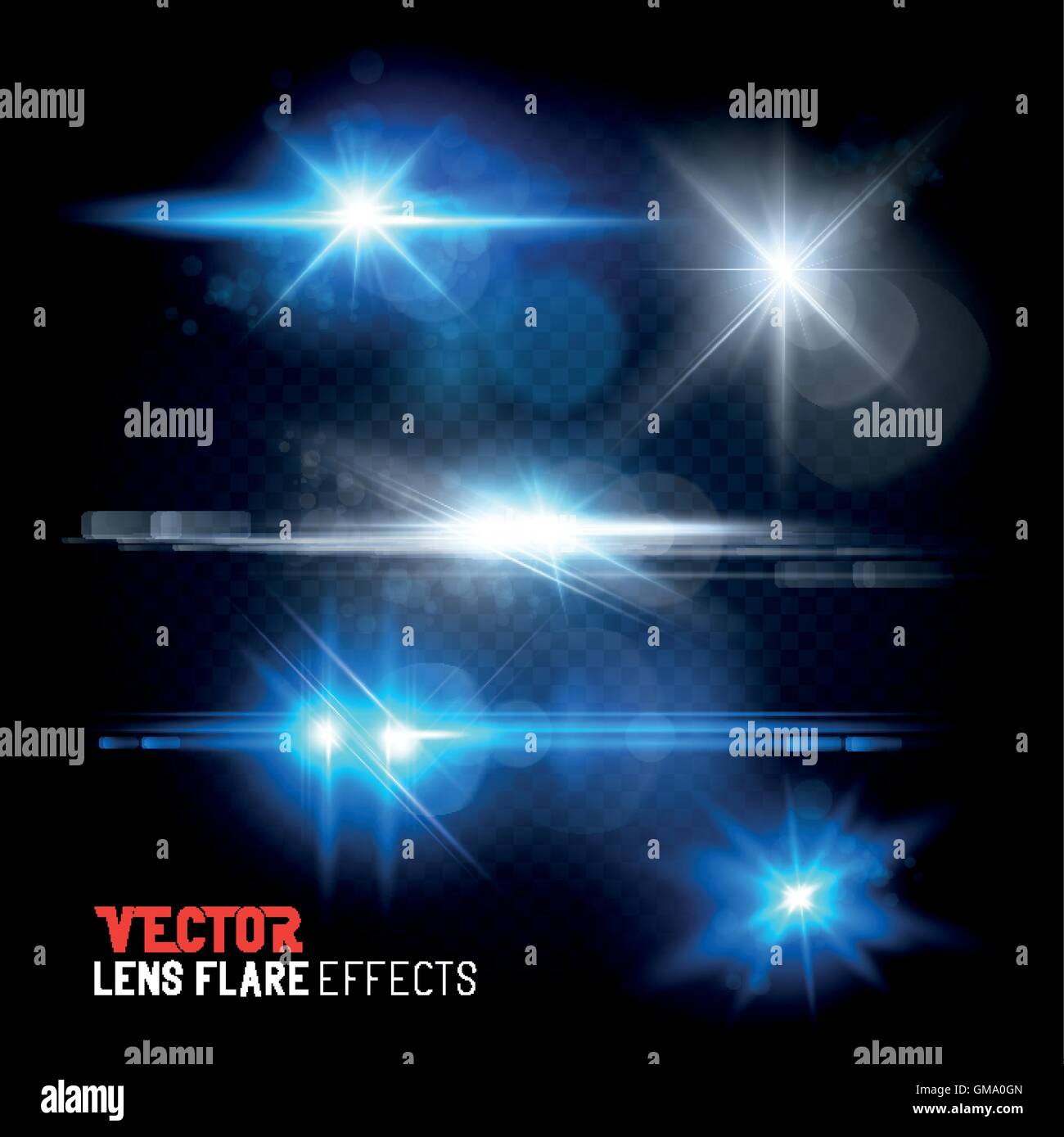 Un set di razzi lente e sun flares. Illustrazione Vettoriale effetti trasparenti. Illustrazione Vettoriale