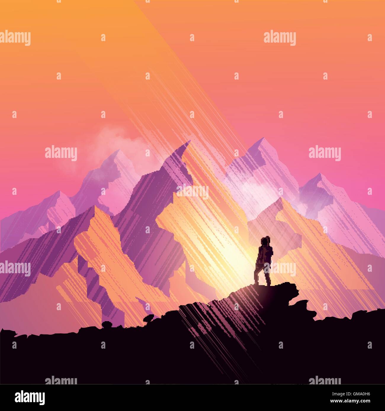 Una donna escursioni attraverso un suggestivo percorso di montagna si ferma ad ammirare la vista. Illustrazione Vettoriale Illustrazione Vettoriale