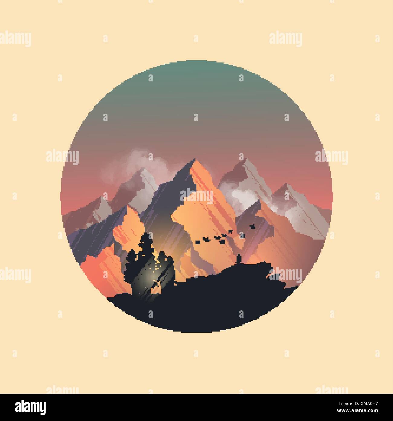 La gamma della montagna di picchi cattura la luce del sole serale. Illustrazione Vettoriale Illustrazione Vettoriale