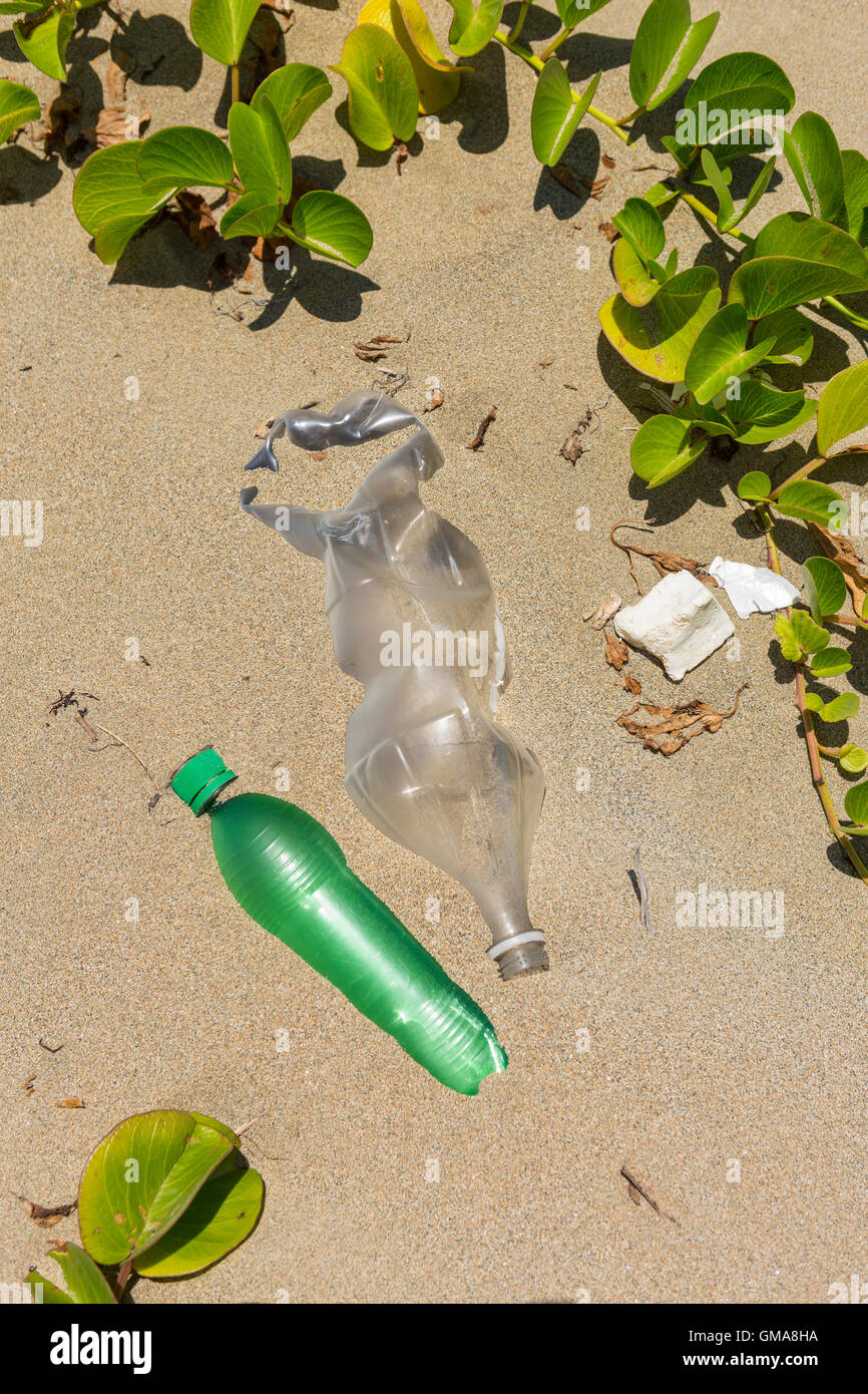 Repubblica Dominicana - immondizia sulla spiaggia, bottiglie di plastica e cestino, vicino alla bocca del fiume Yasica. Foto Stock