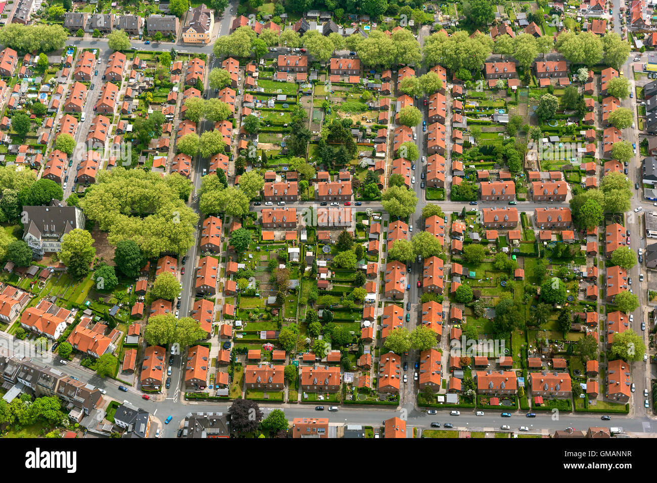 Vista aerea, colony Stemmer Berg, villaggio minerario, buona strada strada in mattoni, alloggiamento station wagon, Sterkrade, vista aerea di Oberhausen, Foto Stock