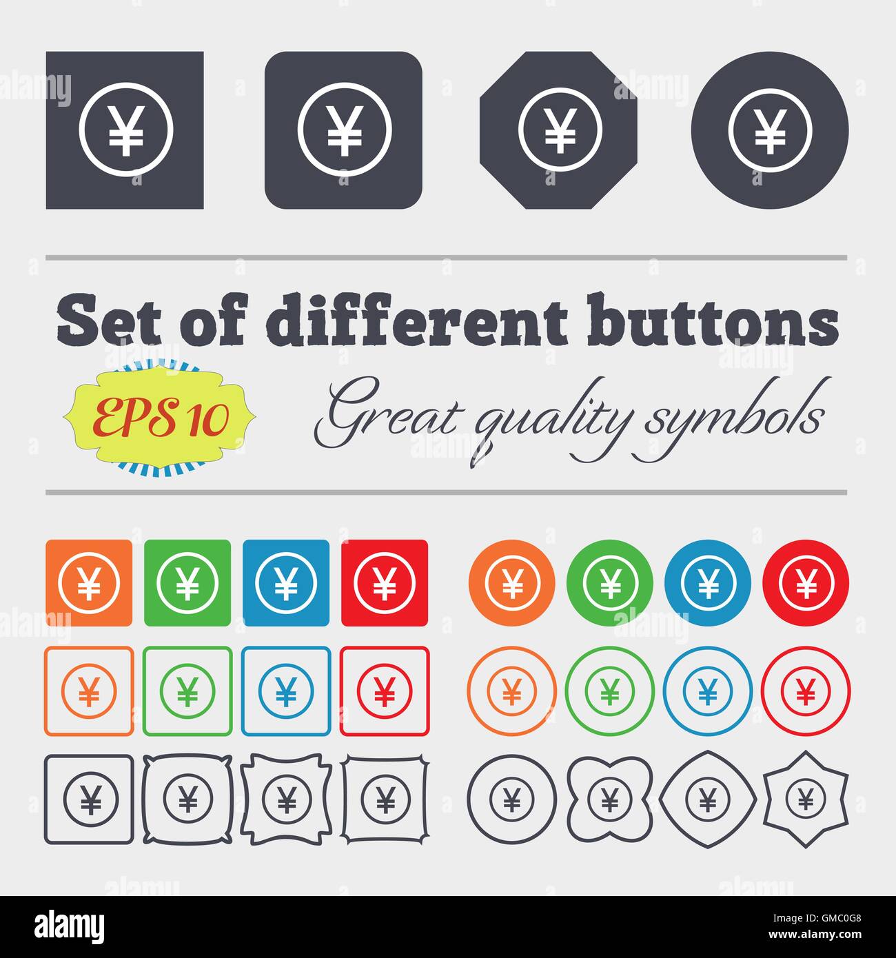 Giapponese icona Yuan segno. Grande set di colorati, diversificato e di alta qualità dei pulsanti. Vettore Illustrazione Vettoriale