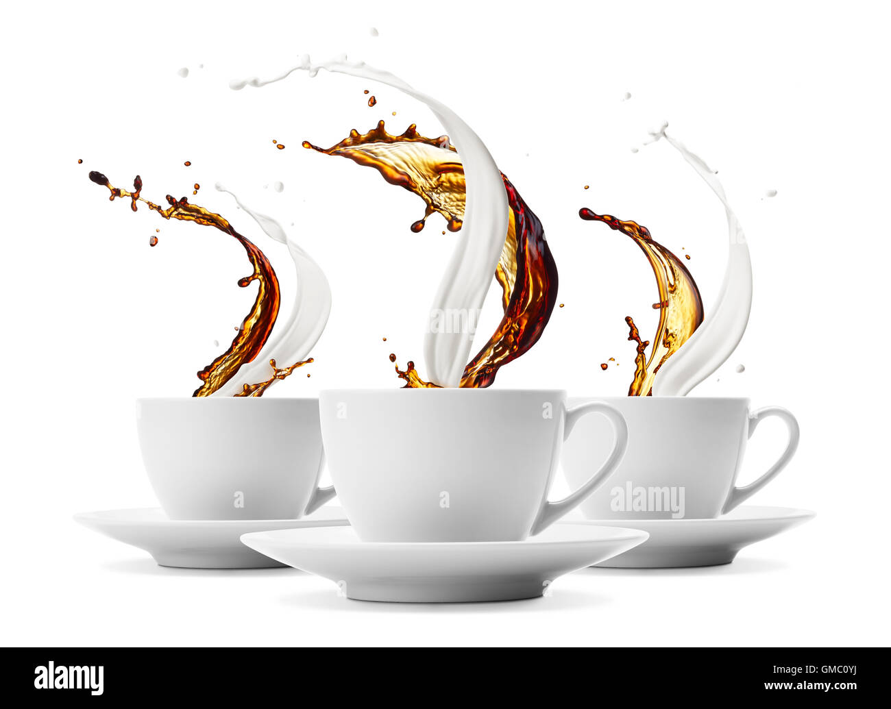 Tre tazze di caffè e latte schizzi Foto Stock