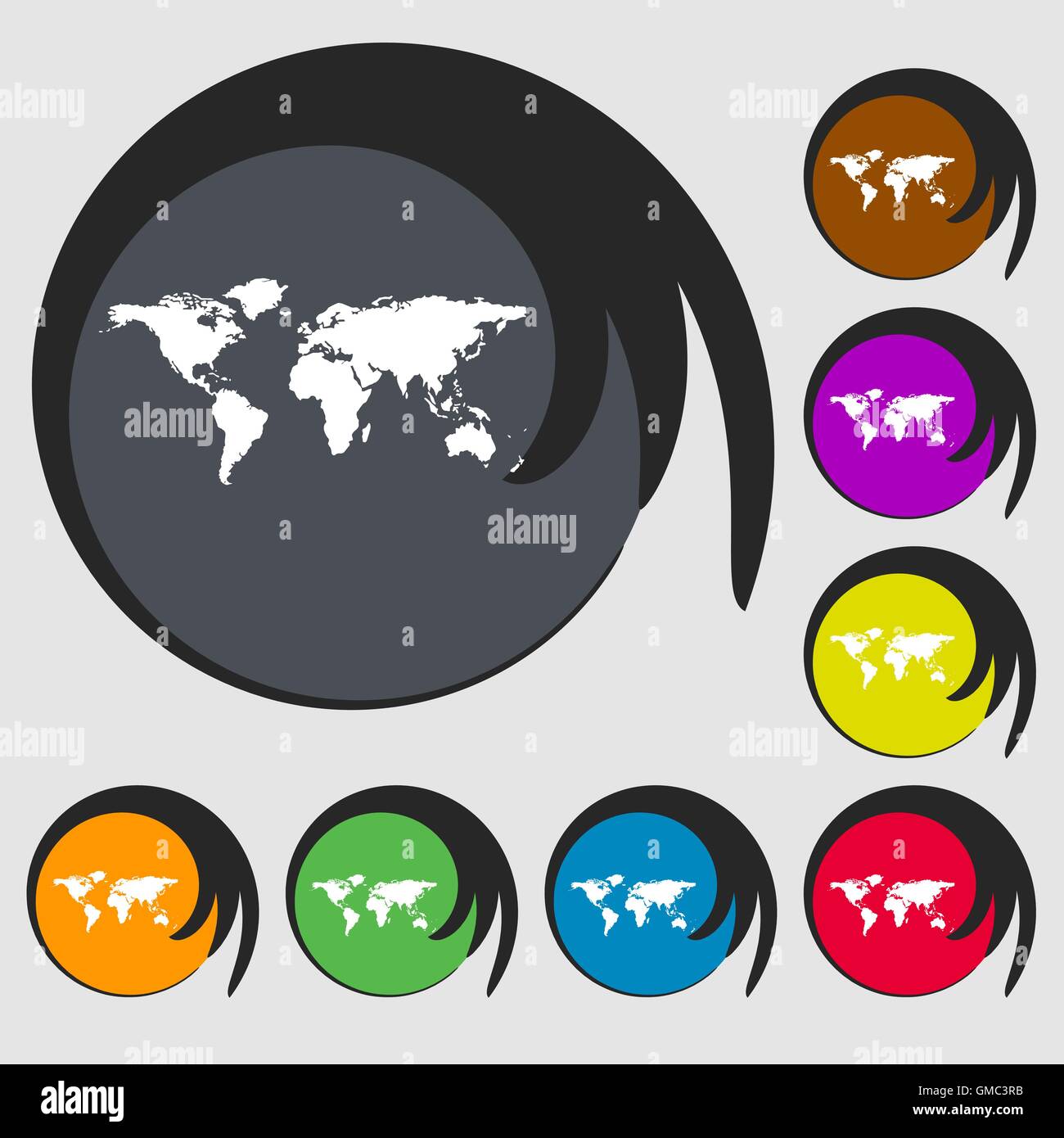 Globo icona segno. Mappa mondo geografia simbolo. Simboli su otto pulsanti colorati. Vettore Illustrazione Vettoriale