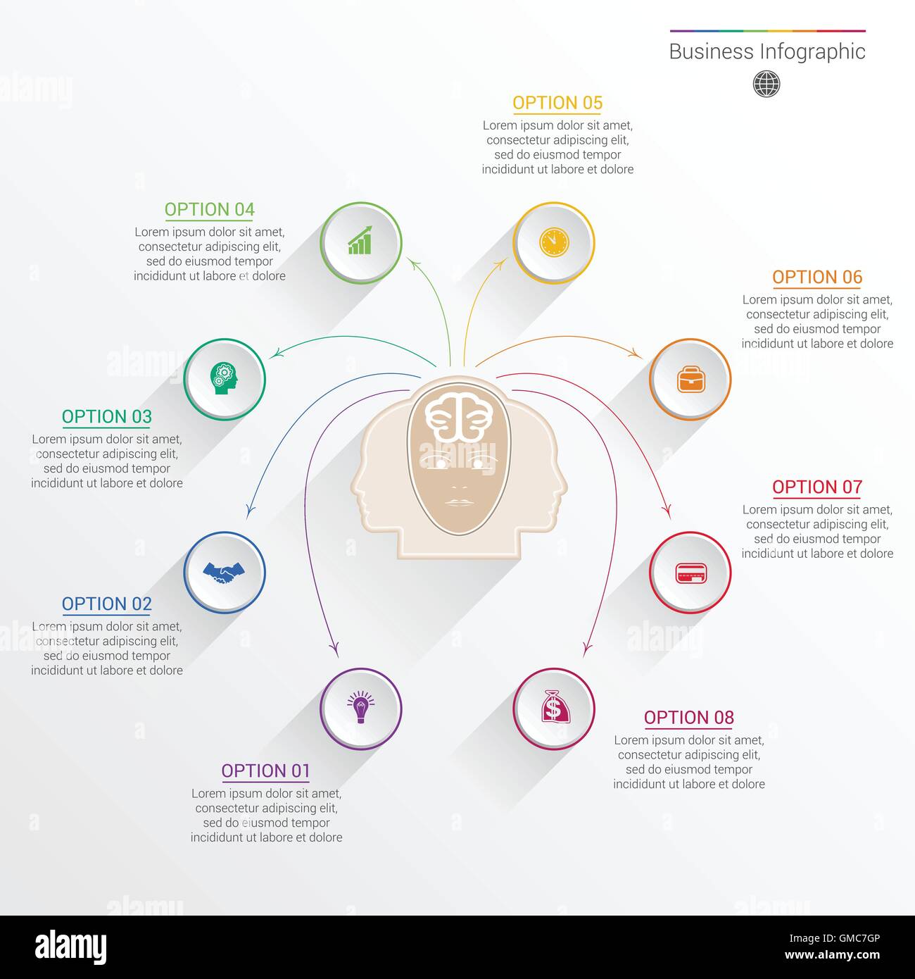 Elemento per il modello di business ed infografico concetto con otto opzioni, componenti o processi. Illustrazione Vettoriale