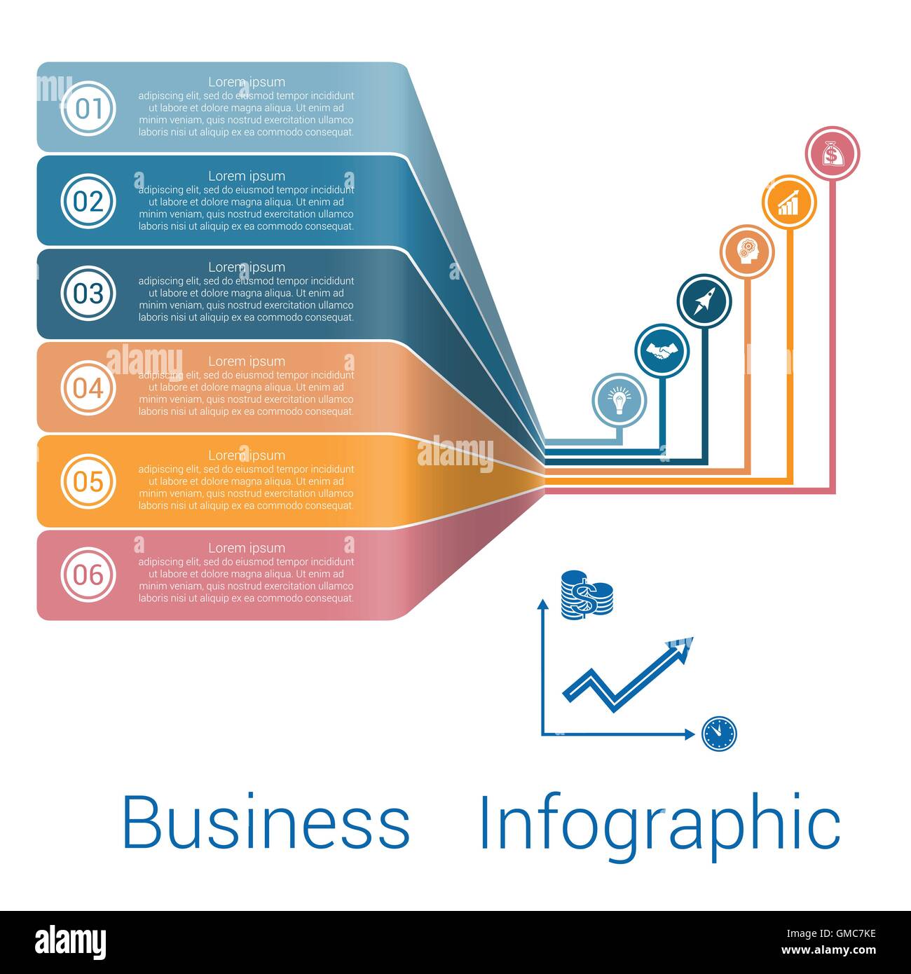 Modello Infografico strisce linee prospettiva sei posizione. Illustrazione Vettoriale