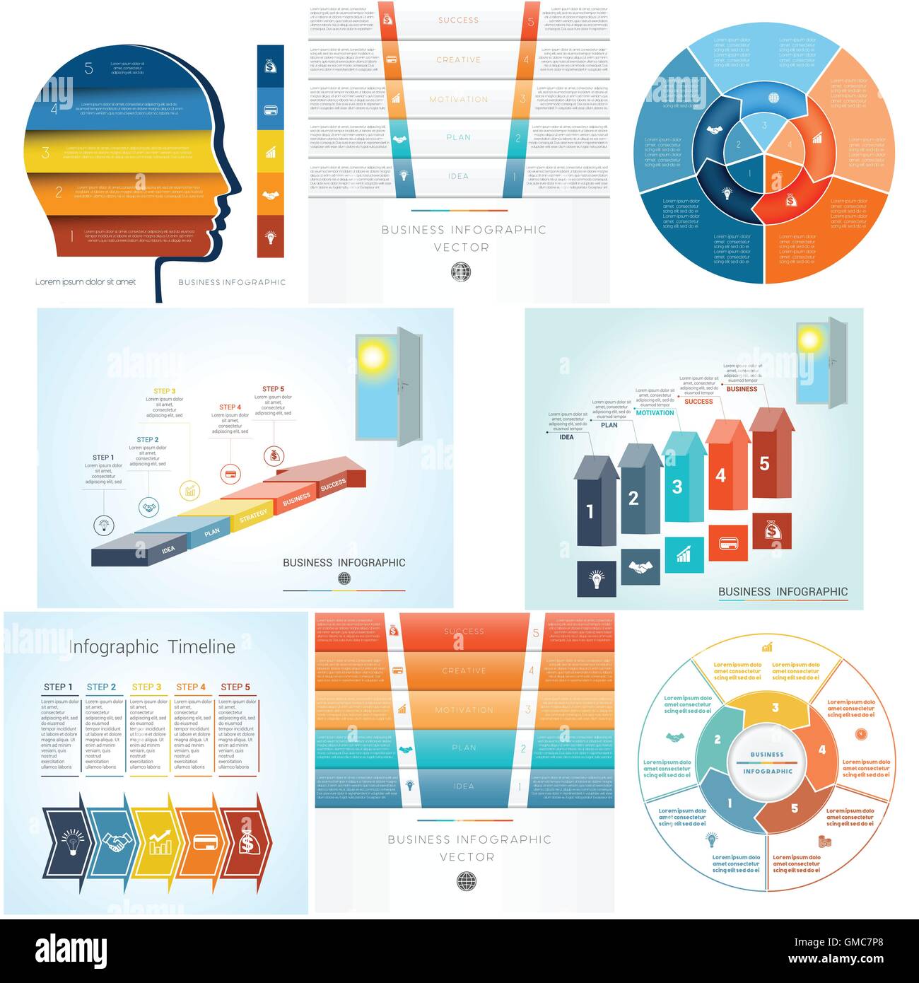 Infographics set 8 modelli, diagramma con cinque fasi, opzioni, parti, processi. Illustrazione Vettoriale