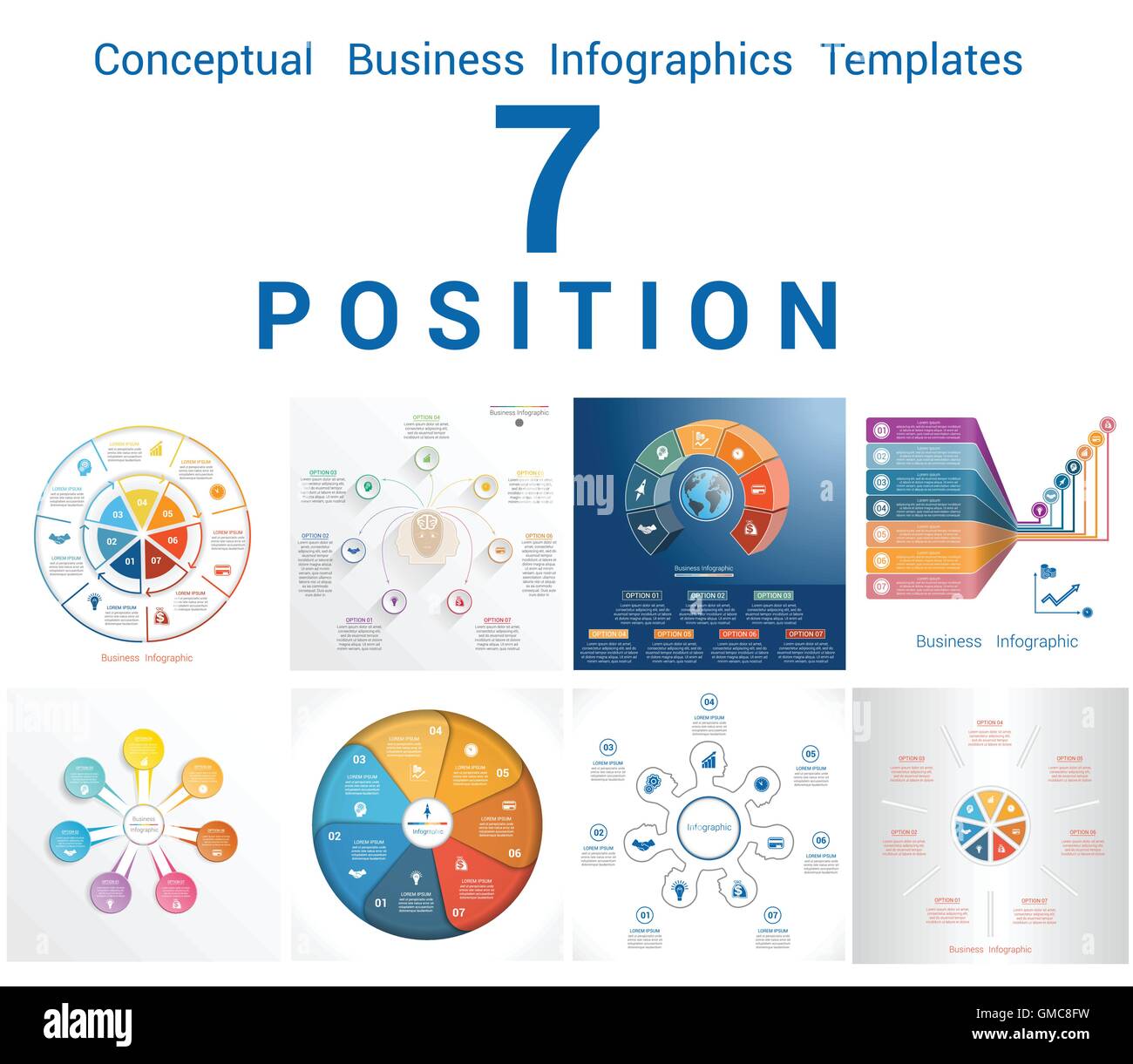 Impostare i modelli vettoriali Infographics Business concettuale processi ciclico per sette posizioni Area di testo Illustrazione Vettoriale