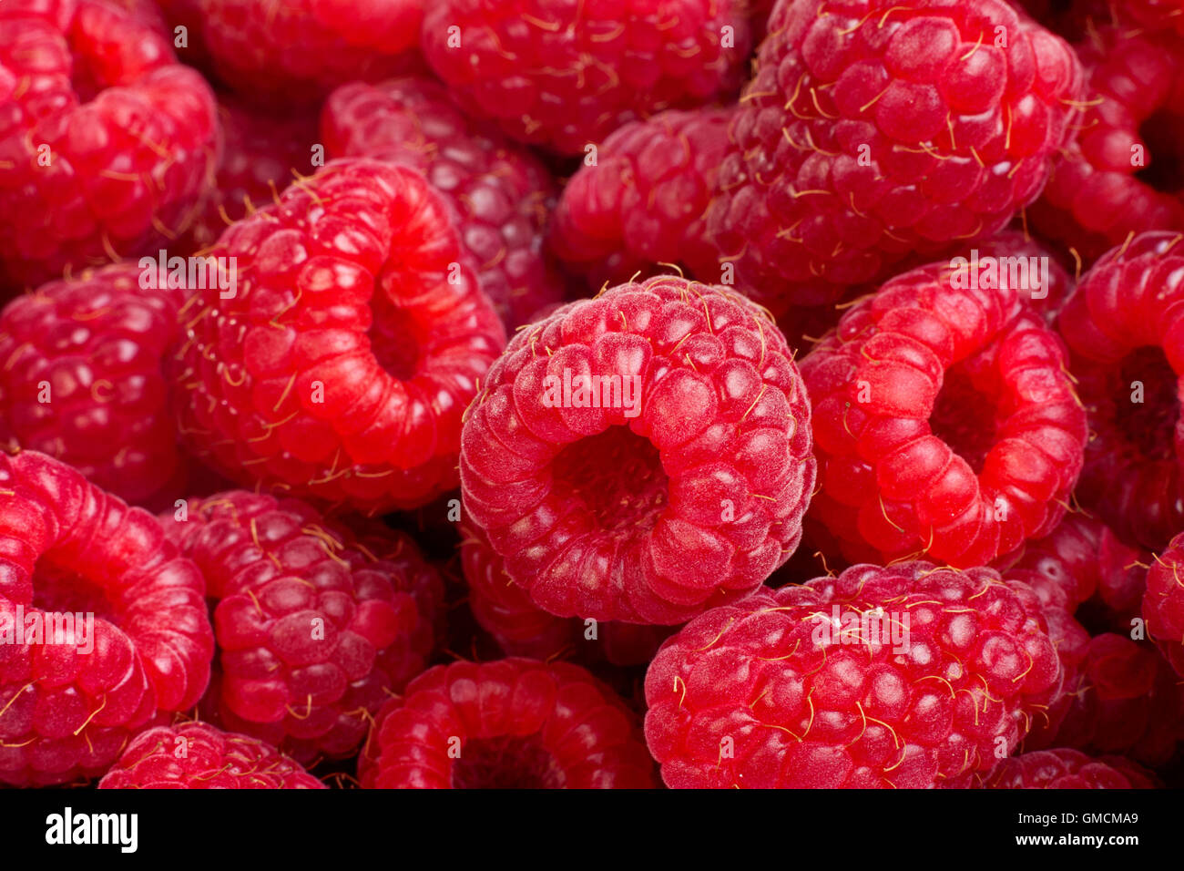 Mature frutta rasberry orizzontale fino in prossimità dello sfondo. Foto Stock
