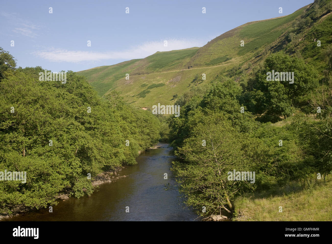 Vista Est a monte lungo il fiume Towy tra Rhandirmwyn e Ystrad Ffin Foto Stock