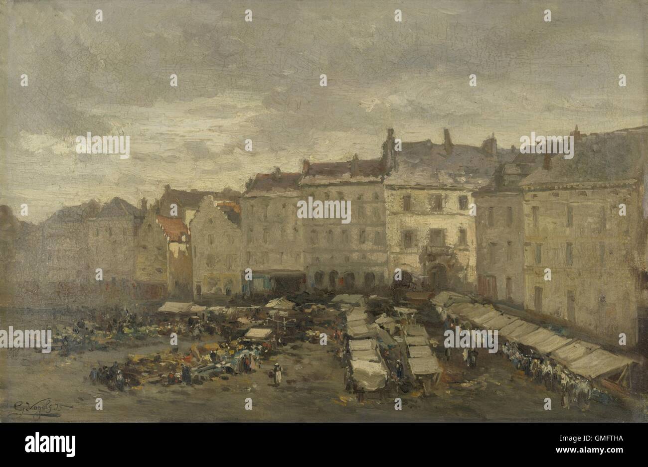 La Grand Place (Grand Market), Bruxelles, da Guillaume Vogels 1875, pittura Belga, olio su tela. Vista di bancarelle del mercato nella piazza centrale di Bruxelles (BSLOC 2016 1 107) Foto Stock