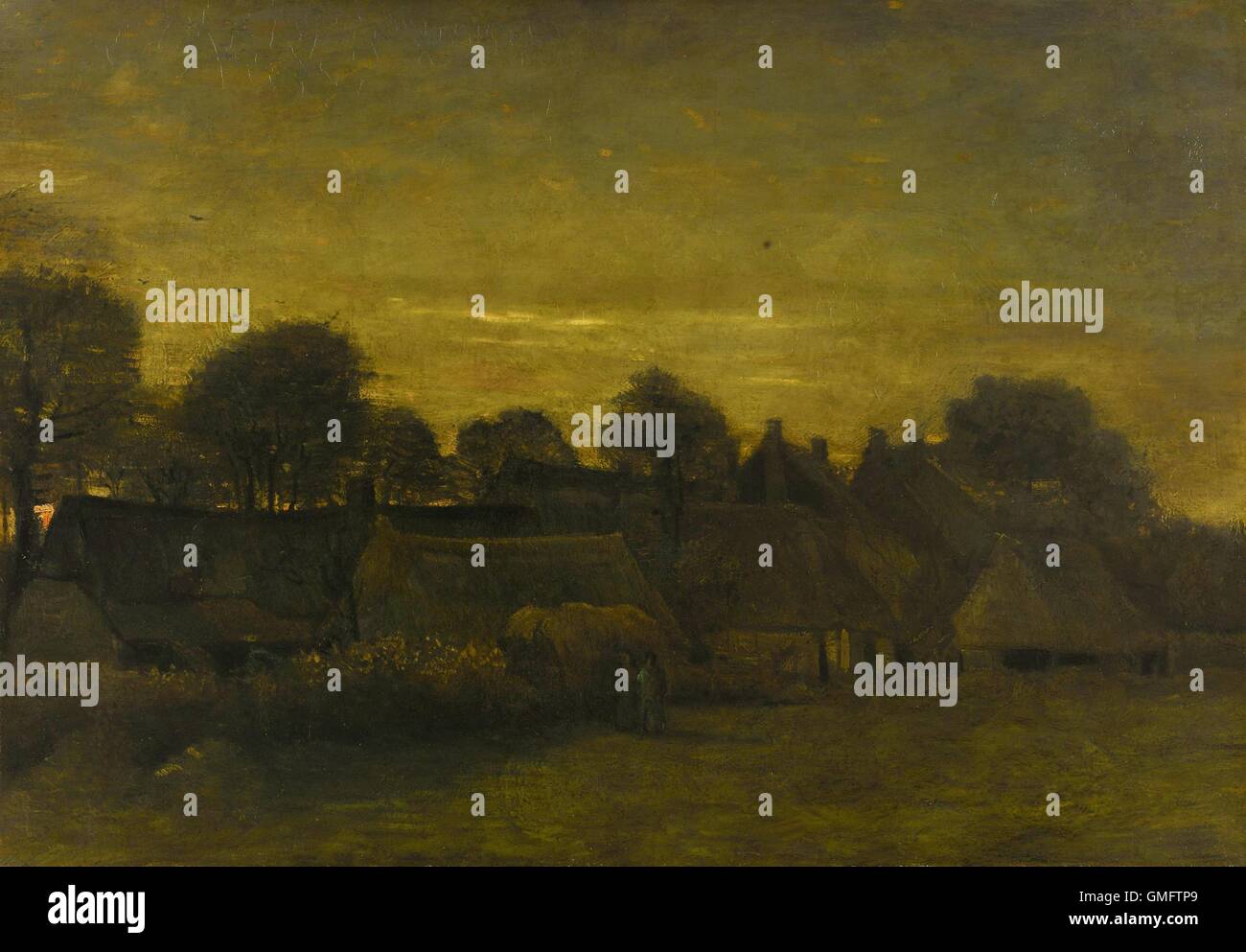 Contadino del villaggio al crepuscolo di Vincent van Gogh, 1884, pittura olandese, olio su tela. Villaggio rurale della luce della sera. Molti bassi case con tetti di paglia sono sul bordo di un prato con due figure di fronte a un pagliaio. (BSLOC 2016 1 140) Foto Stock