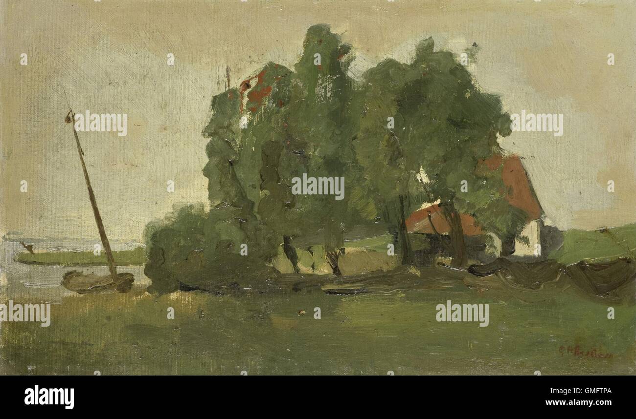Cascina, da George Hendrik Breitner, c. 1880-1923, olandese la pittura ad olio. Paesaggio con la fattoria tra gli alberi sul lungomare con una barca atomizzata. (BSLOC 2016 1 141) Foto Stock