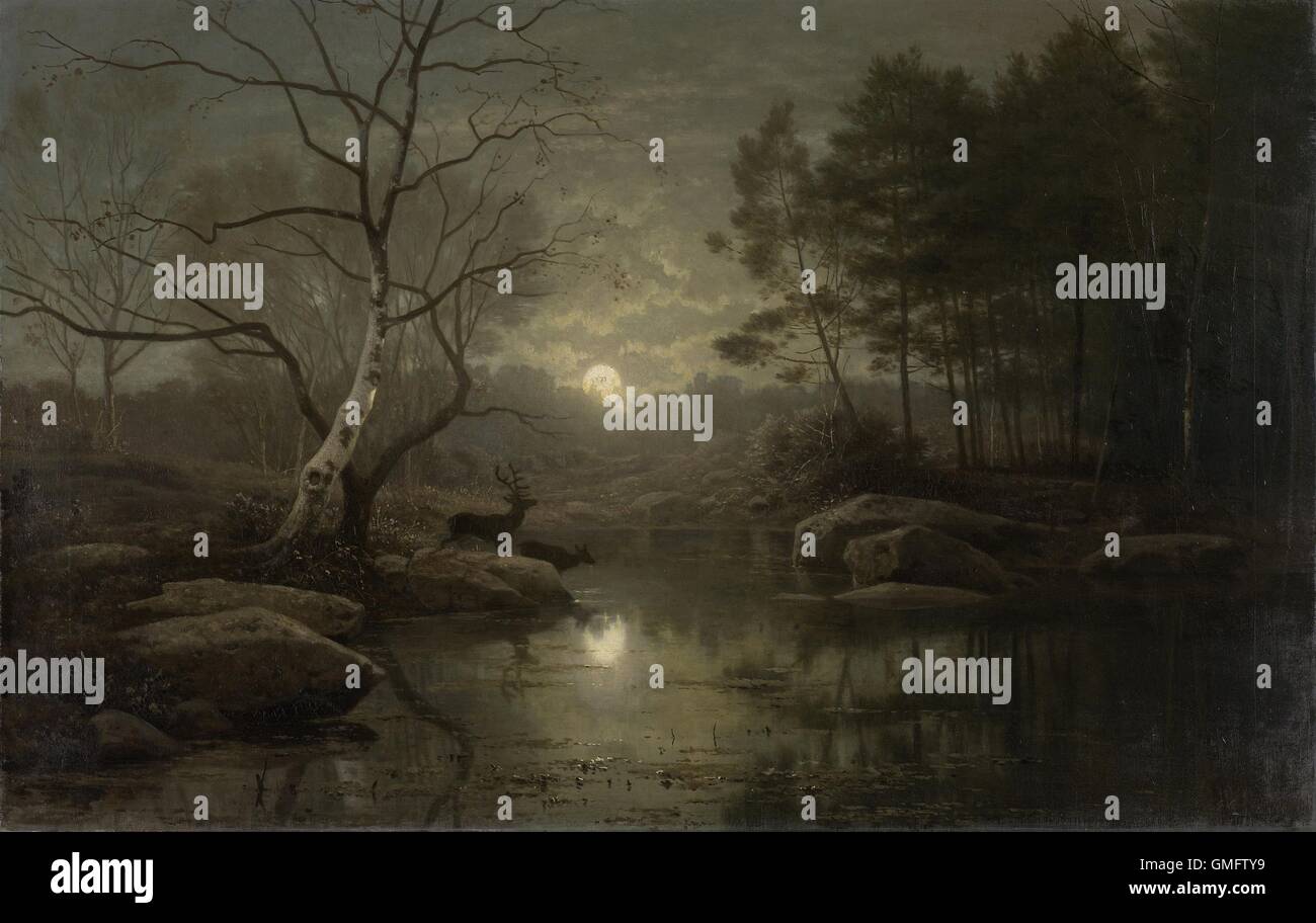 Paesaggio forestale al chiaro di luna, di Georg Eduard Otto Saal 1861, pittura olandese, olio su tela. Autunno scena notturna con i cervi a flusso. (BSLOC 2016 1 181) Foto Stock