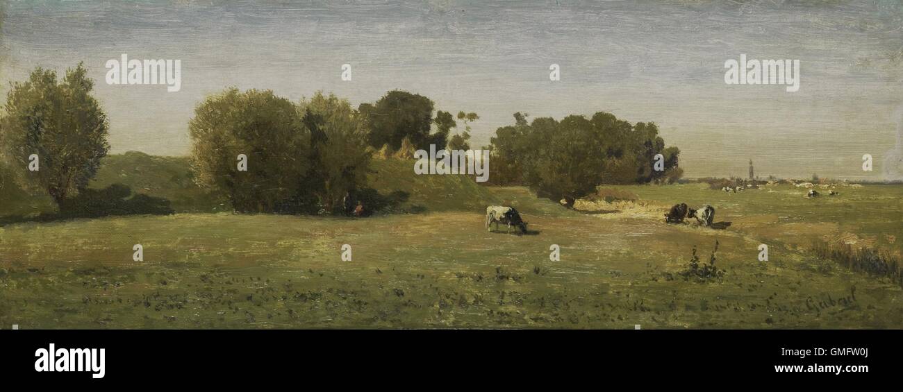 Paesaggio vicino Abcoude, Paul Joseph Constantin Gabriel, 1860-70, pittura olandese, olio su pannello. Le mucche in pascolo nei pressi di antichi bastioni con la guglia della chiesa nel villaggio distante. (BSLOC 2016 1 199) Foto Stock