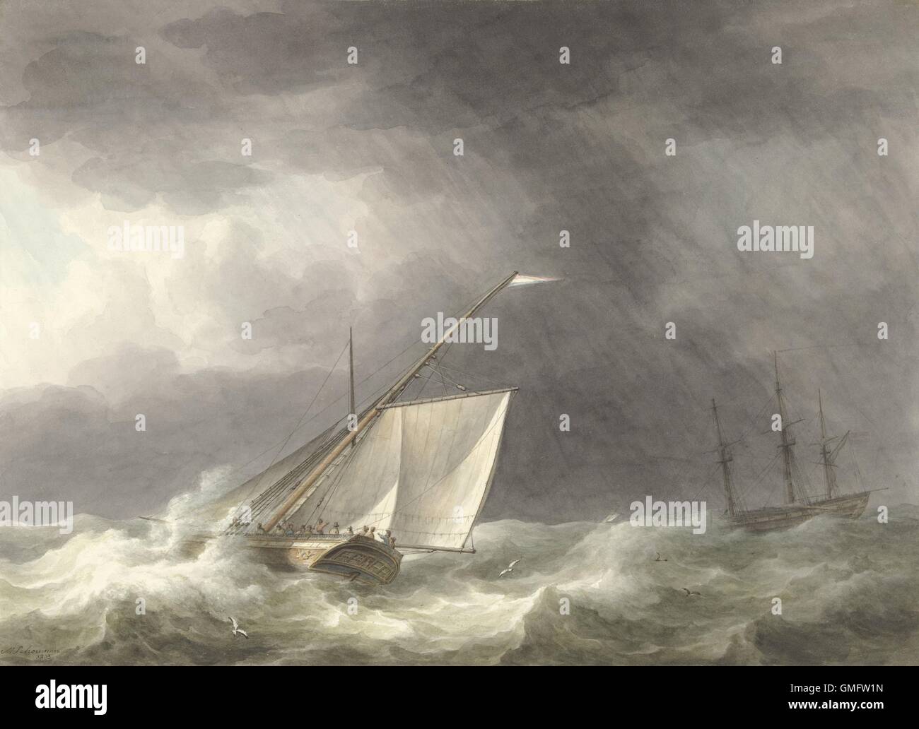 Due navi a vela in mare mosso da Martinus Schouman, 1803, olandese la pittura ad acquerello. (BSLOC 2016 1 206) Foto Stock