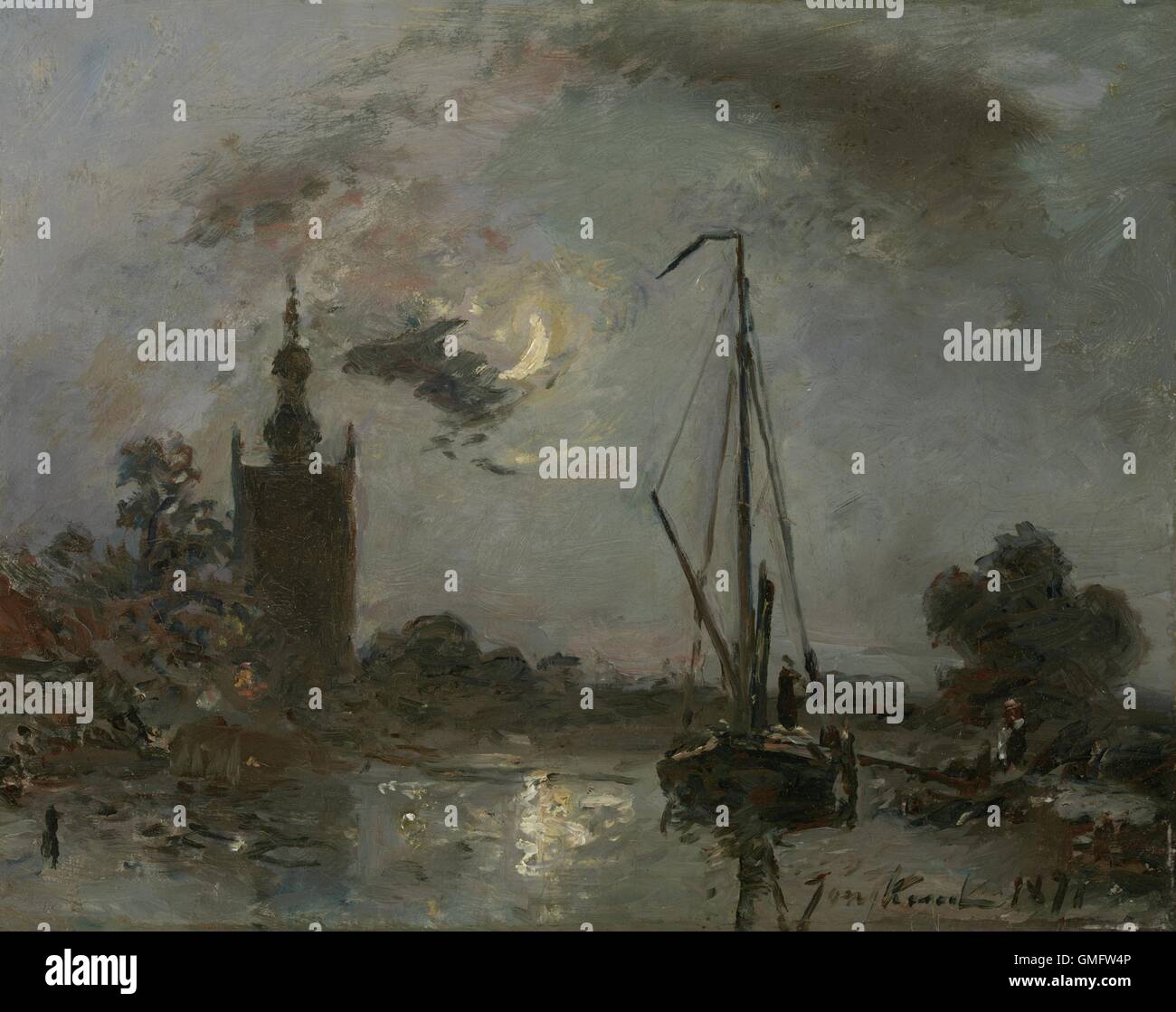 Overschie al chiaro di luna, da Johan Barthold Jongkind, 1871, pittura olandese, olio su tela. Vicino a Rotterdam, una barca a vela è ormeggiata nei pressi di Torre di una chiesa. (BSLOC 2016 1 225) Foto Stock