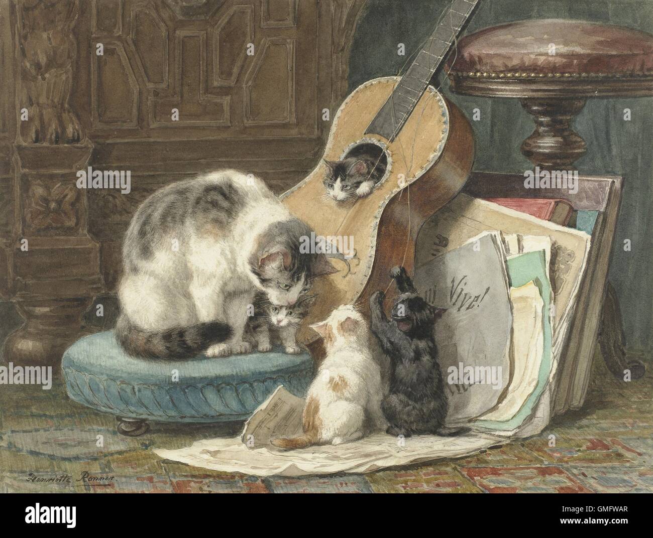 Il Harmonists, da Henriette Ronner, 1876-77, olandese la pittura ad acquerello su carta. Una madre gatto si siede su uno sgabello vicino ai suoi quattro gattini che con il suo Broken Strings. Un gattino siede all'interno dello strumento. (BSLOC 2016 1 261) Foto Stock