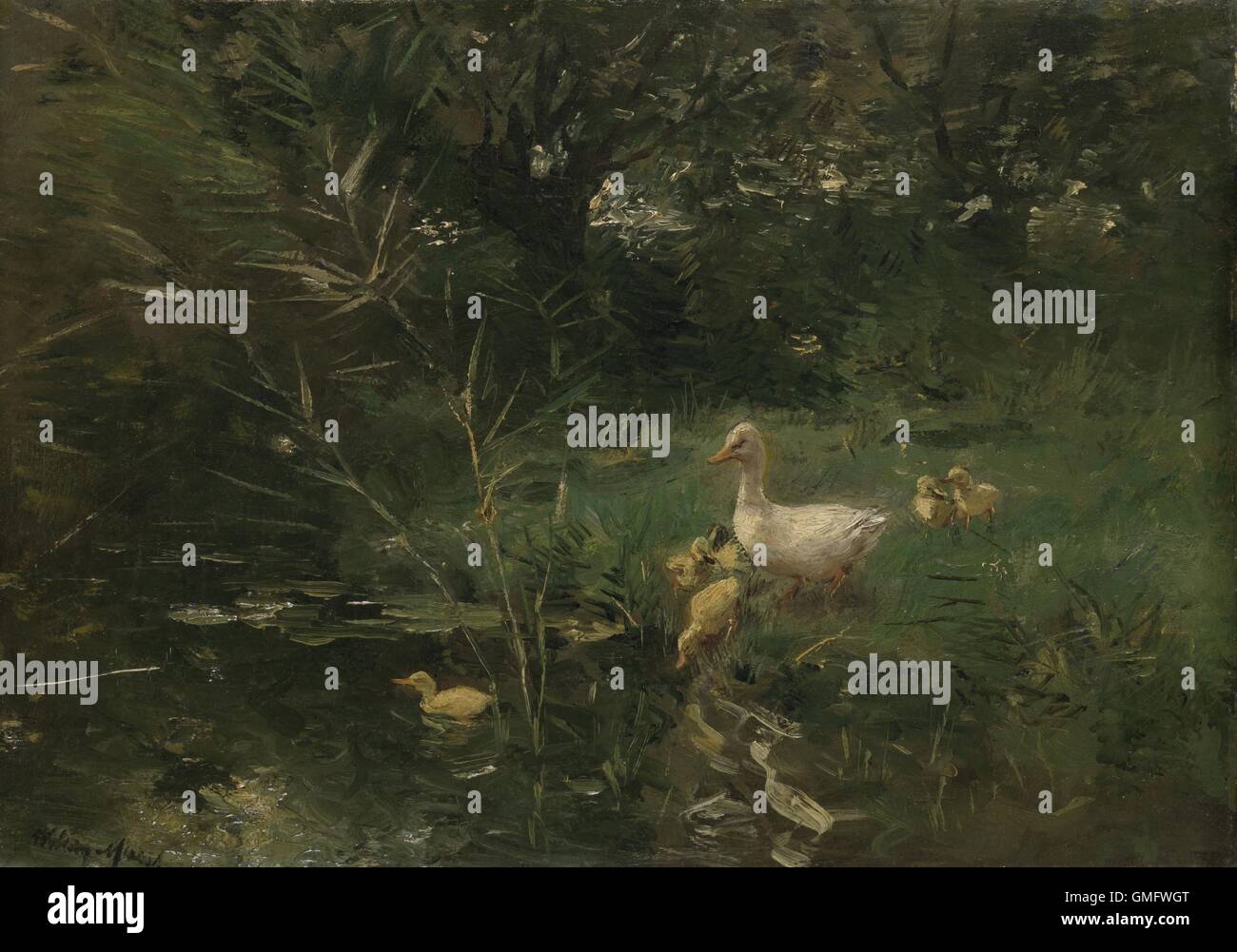 Anatroccoli, da Willem Maris, c. 1880-1907, pittura olandese, olio su pannello. Un bianco di anatra con la sua ??anatroccoli in un paesaggio sul lungomare. (BSLOC 2016 1 299) Foto Stock