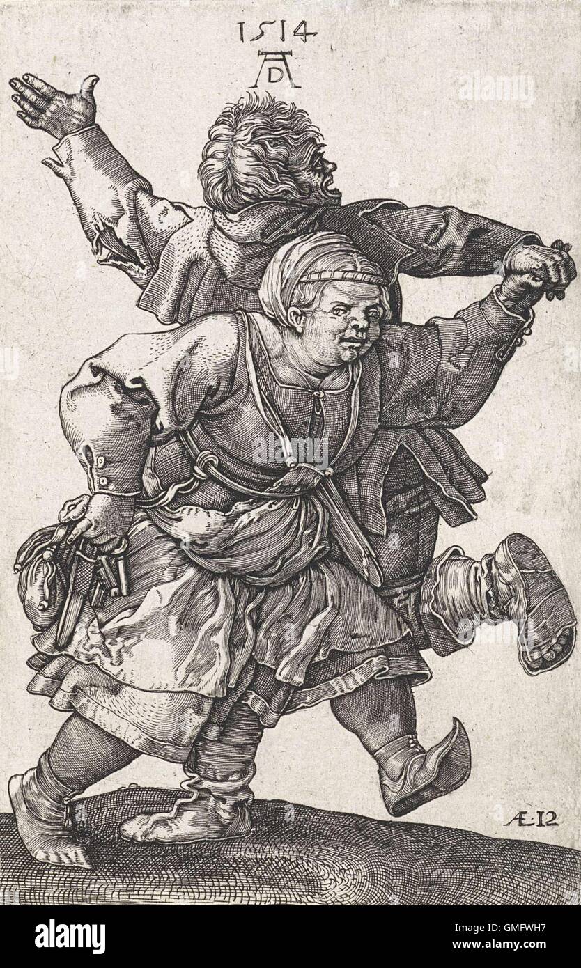 Danza giovane contadina, da Hieronymus WIERIX copiati da Albrecht Durer, incisione, c. 1559-1619. Stampa tedesca con il monogramma di Albrecht Dürer e la data della stampa originale del 1514. (BSLOC 2016 1 3) Foto Stock