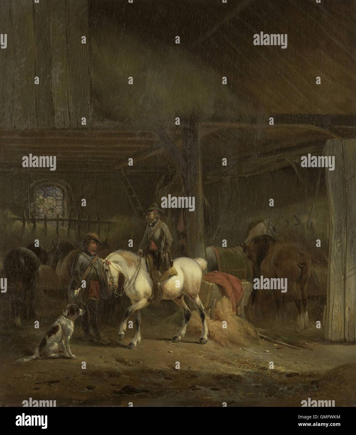 Cavallo stabile, da Joseph Moerenhout, c. 1830-40, pittura olandese, olio su pannello. Due cacciatori e un cane pronto per una battuta di caccia. (BSLOC 2016 1 330) Foto Stock