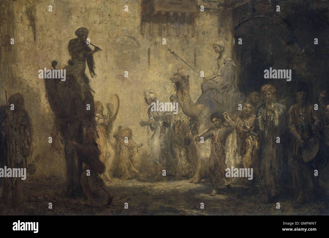 Nozze orientali, di Marius Bauer, 1911, olandese la pittura ad olio su tela. Un arabo groom Cavalca un cammello (destra) in processione, circondato da ballare i bambini e musicisti, piombo da un flauto player su un cammello. (BSLOC 2016 1 62) Foto Stock