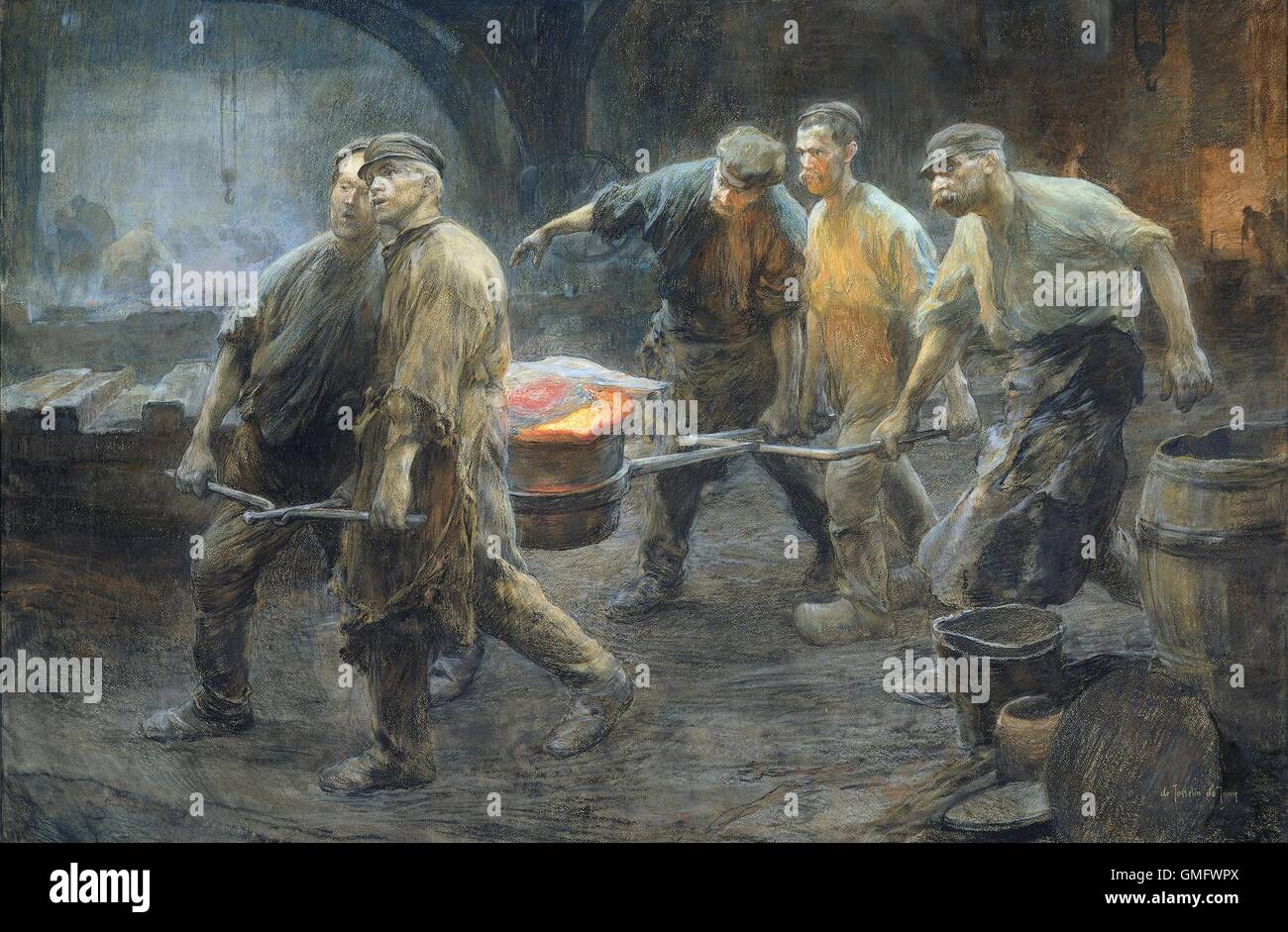 Interno di una fonderia di ferro, di Pieter de Josselin de Jong, 1880-1900, olandese la pittura ad acquerello. Cinque lavoratori portano un crogiolo di incandescente metallo fuso. (BSLOC 2016 1 70) Foto Stock