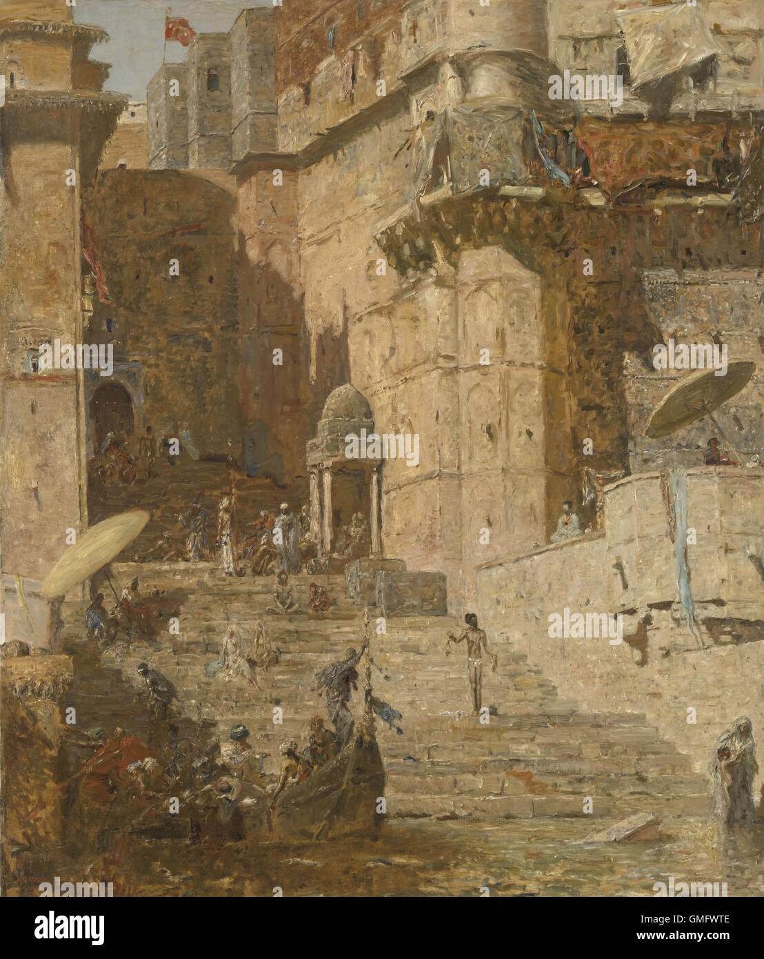 Benares (Varanasi (India), di Marius Bauer, 1913, olandese la pittura ad olio su tela. Ram Ghat, con scale che portano nel fiume Gange a Varanasi (India). Bauer ha visitato e fotografato molti dei siti dipinse nel suo stile impressionista. (BSLOC 2016 1 78) Foto Stock