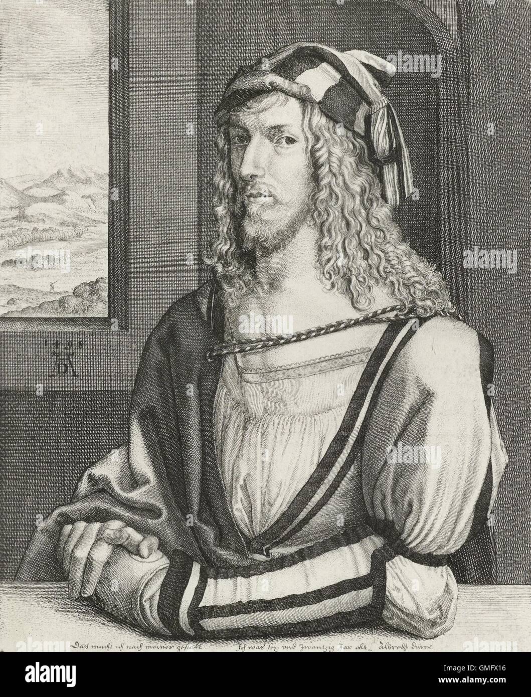 Ritratto di Albrecht Durer, da Wenceslaus Hollar, 1645, stampa belga, incisione su carta. Copiato da un originale autoritratto di 1498 da Dürer a 26 anni (BSLOC 2016 2 122) Foto Stock