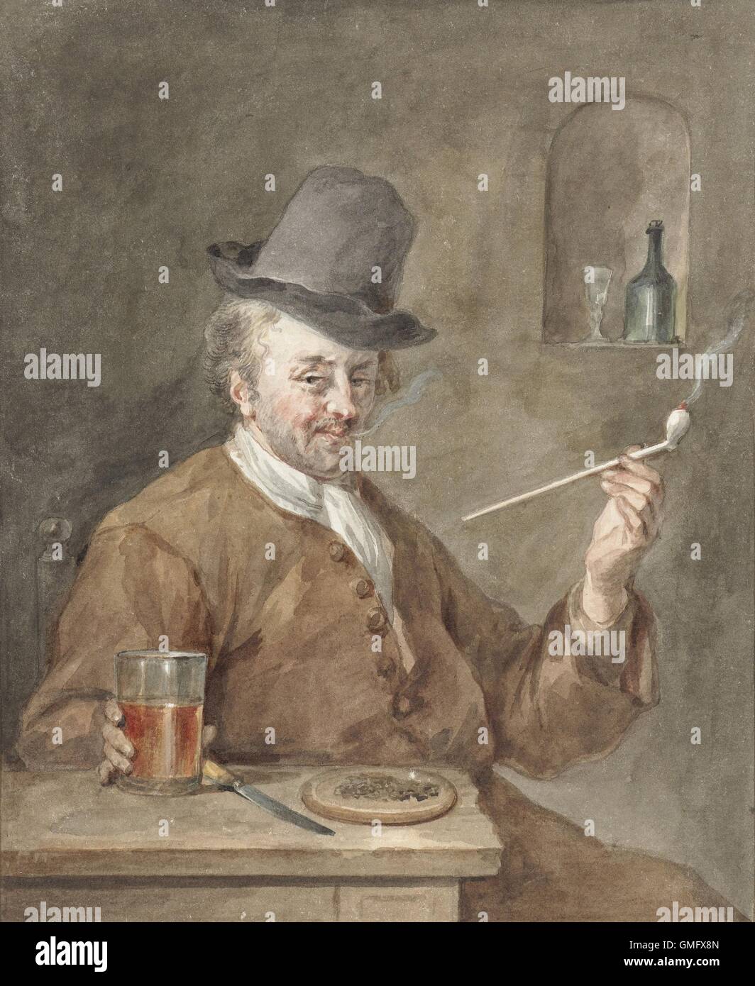 Tubo uomo fumare in una tabella con una piastra, coltello, e vetro, da Aert Schouman dopo Gabriel Metsu, 1778, pittura olandese (BSLOC 2016 2 176) Foto Stock