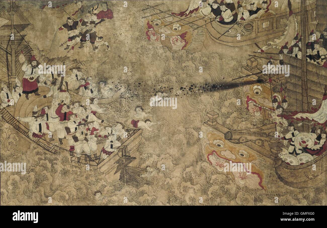 Due disarmati navi olandesi aggredito da tre cinesi con pistole, da anonimo artista cinese, c. 1750-1800, inchiostro su carta (BSLOC 2016 2 229) Foto Stock