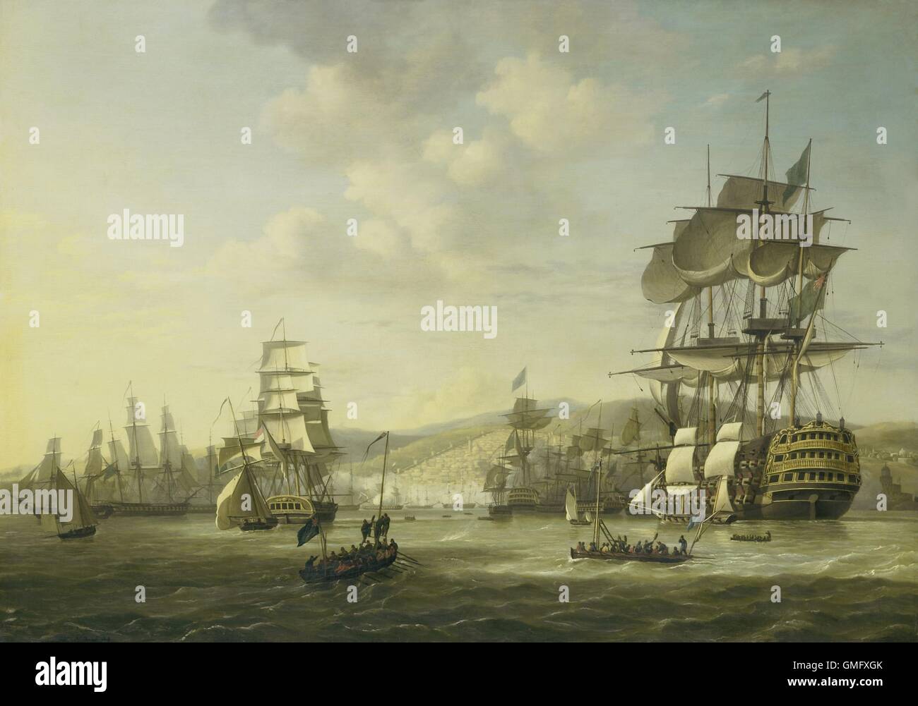 La flotta anglo-olandese nella baia di Algeri, Agosto 26, 1816 da Nicolaas Baur, 1818, pittura olandese, olio su pannello. La flotta è stato il backup di un ultimatum per rilasciare i prigionieri europei (BSLOC_2016_2_231) Foto Stock