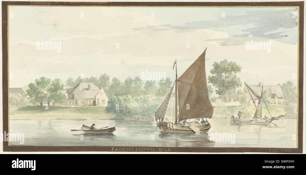 Le navi a vela sul Merwede inferiore nel Papendrechtse Dike, tra Papendrecht e Sliedrecht, da Aert Schouman, 1729, olandese acquerello (BSLOC 2016 2 34) Foto Stock