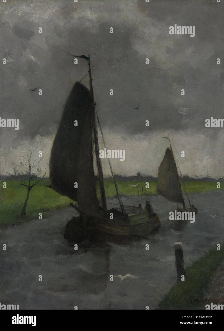 Per via navigabile con vela chiatte, da Eduard Karsen, c. 1885-1912, pittura olandese, olio su tela. In barca a vela della navigazione in un canale, con gabbiani battenti nelle vicinanze (BSLOC 2016 2 43) Foto Stock