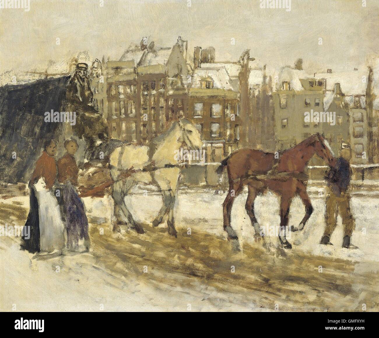 Il Rokin, Amsterdam, da George Hendrik Breitner, 1923, olandese la pittura ad olio su pannello. Il Rotkin, una delle strade principali di Amsterdam, con cavallo di carro e le donne ai pedoni in neve (BSLOC 2016 2 45) Foto Stock