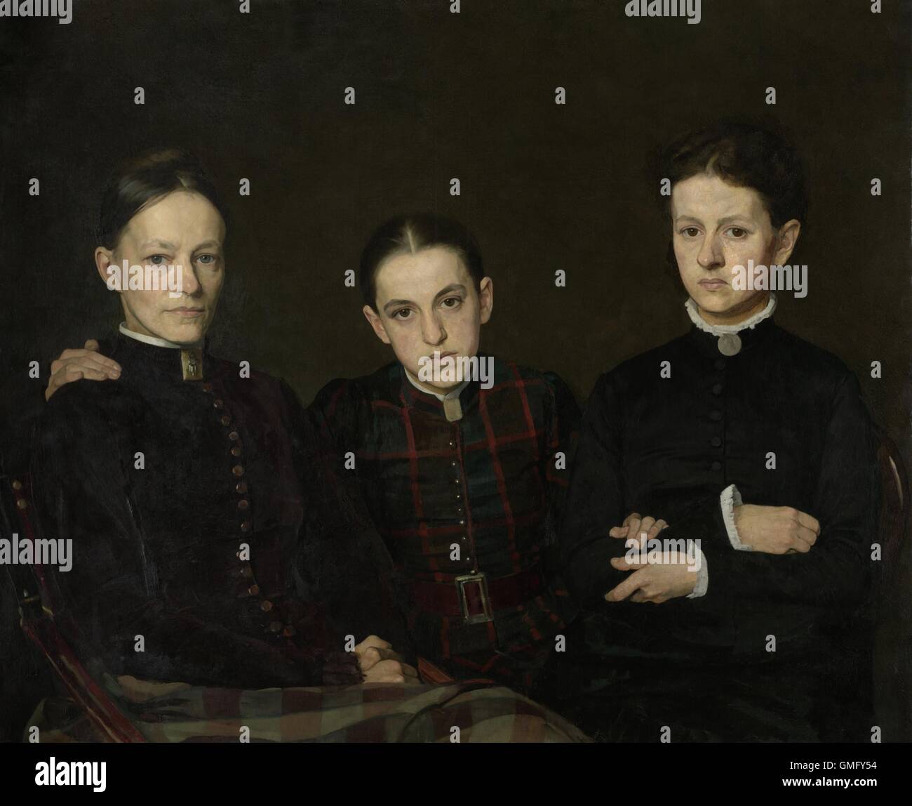 Ritratto di Cornelia, Clara e Johanna Veth, da Jan Veth, 1885, pittura olandese, olio su tela. Le tre sorelle dell'artista sono state raffigurate con poco lusinghiera onestà realista (BSLOC_2016_2_87) Foto Stock