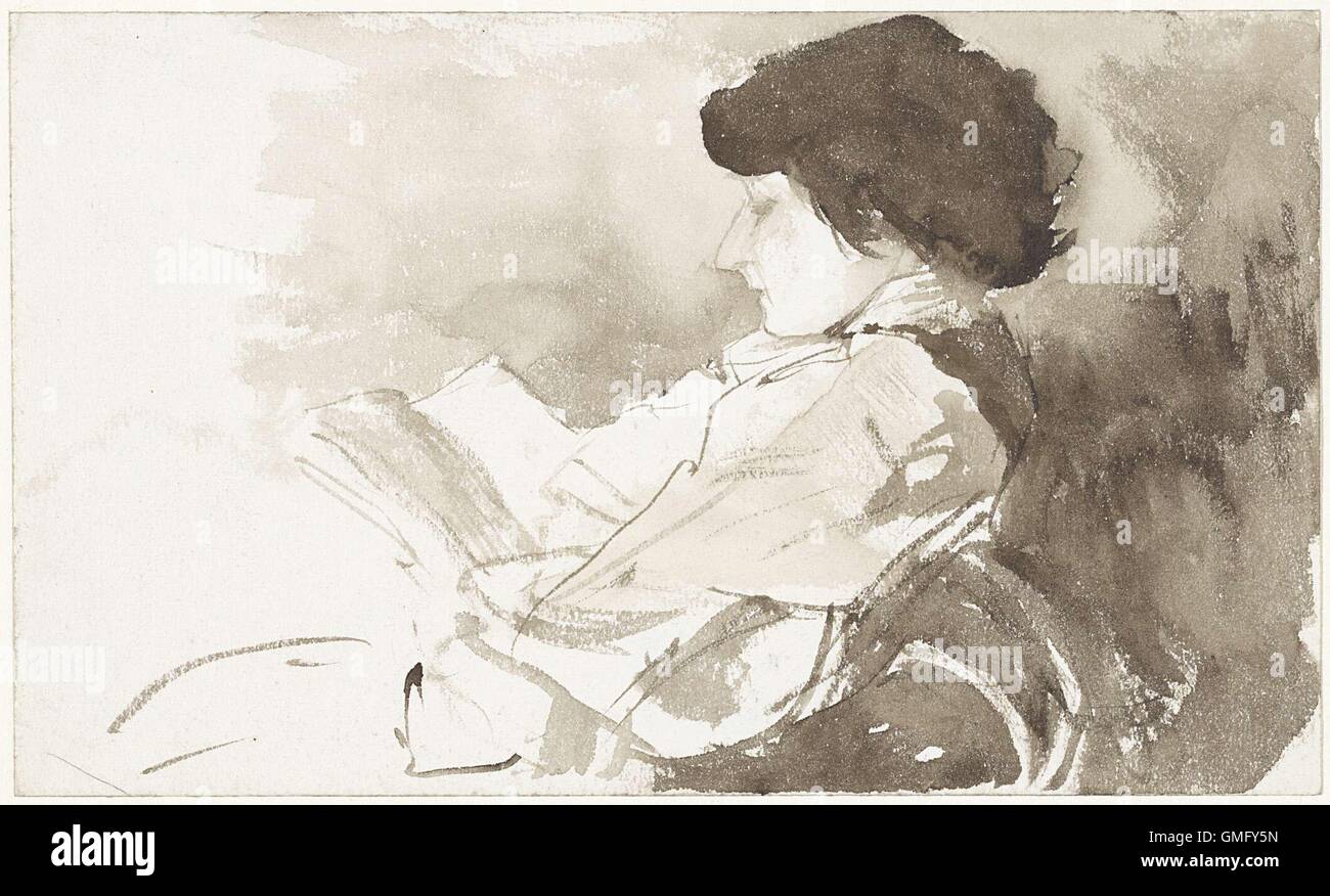 Profilo di donna di lettura, dal Hubrecht Bramine, 1865-1913, arte Olandese, lavaggio inchiostro disegno (BSLOC 2016 2 92) Foto Stock