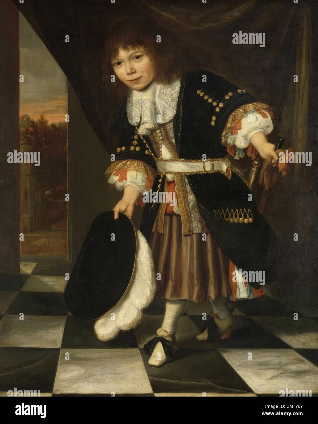 Il giovane figlio di Ammiraglio van Nes, da François Verwilt, 1669, pittura olandese, olio su tela. Conosciuta anche come "l'Ammiraglio del figlio il ragazzo che indossa una uniforme come giacca e un bambino di dimensioni della spada. Come la maggior parte dei ragazzi piccoli del tempo, indossa un mantello. All età di circa sette sarà lui a indossare il suo primo calzoncini (BSLOC 2016 3 103) Foto Stock