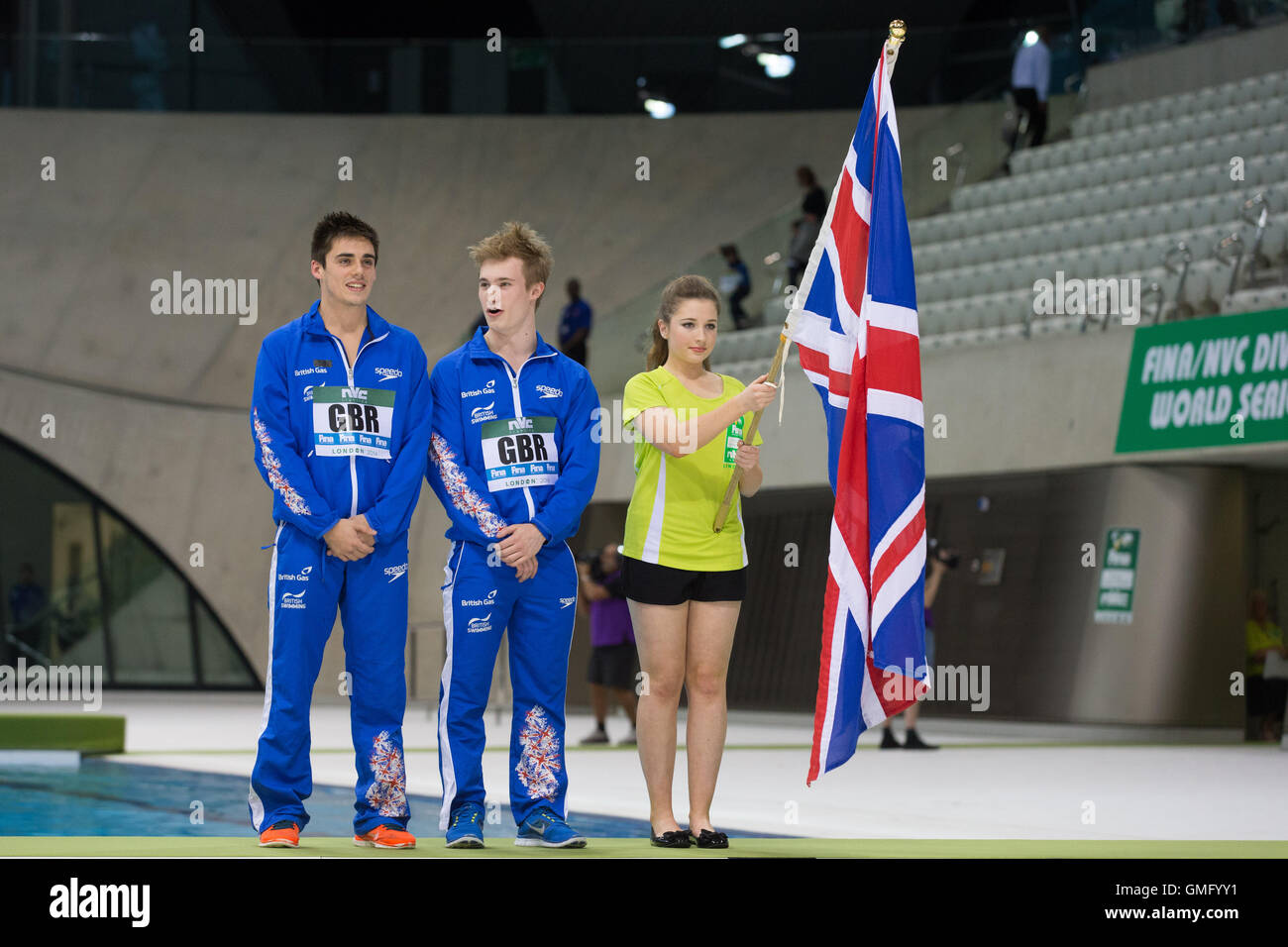 Chris Mears e Jack Laugher della Gran Bretagna durante la FINA/cnv Diving World Series a Londra in aprile, 24, 2014. Foto Stock