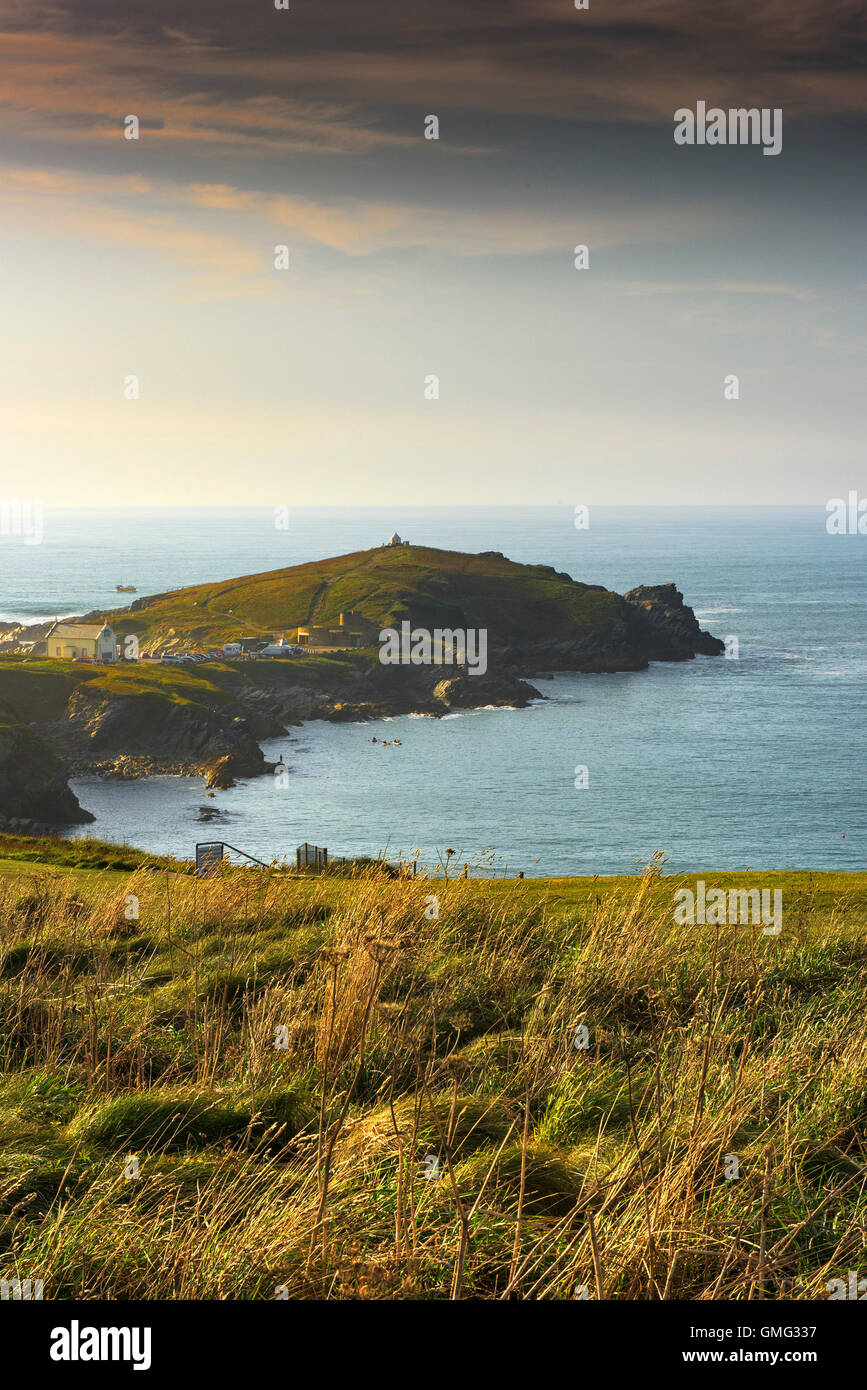 Tramonto su Towan promontorio in Newquay, Cornwall. Foto Stock