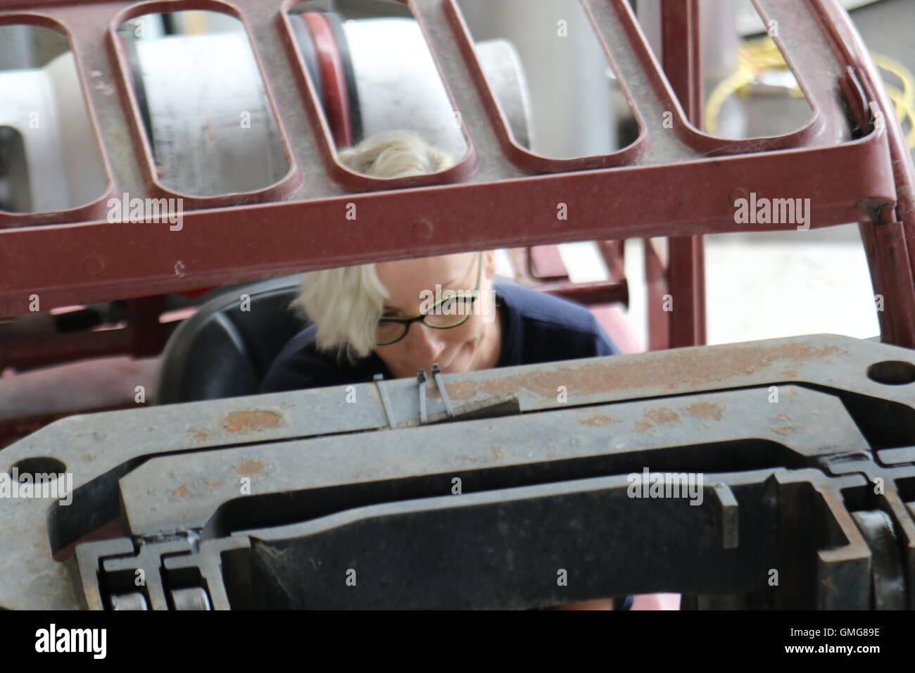 Immagine ravvicinata di una donna alla guida di un carrello elevatore a forche alla Ata Rangi Vigna & cantina, Martinborough, Nuova Zelanda Foto Stock