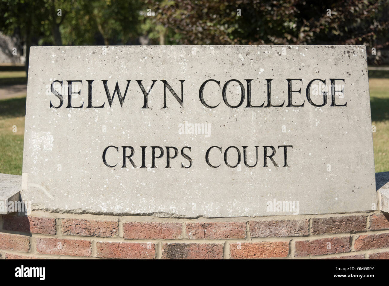 Il segno a Selwyn College Cripps Corte Cambridge Regno Unito uno dei collegi presso l'Università di Cambridge Foto Stock