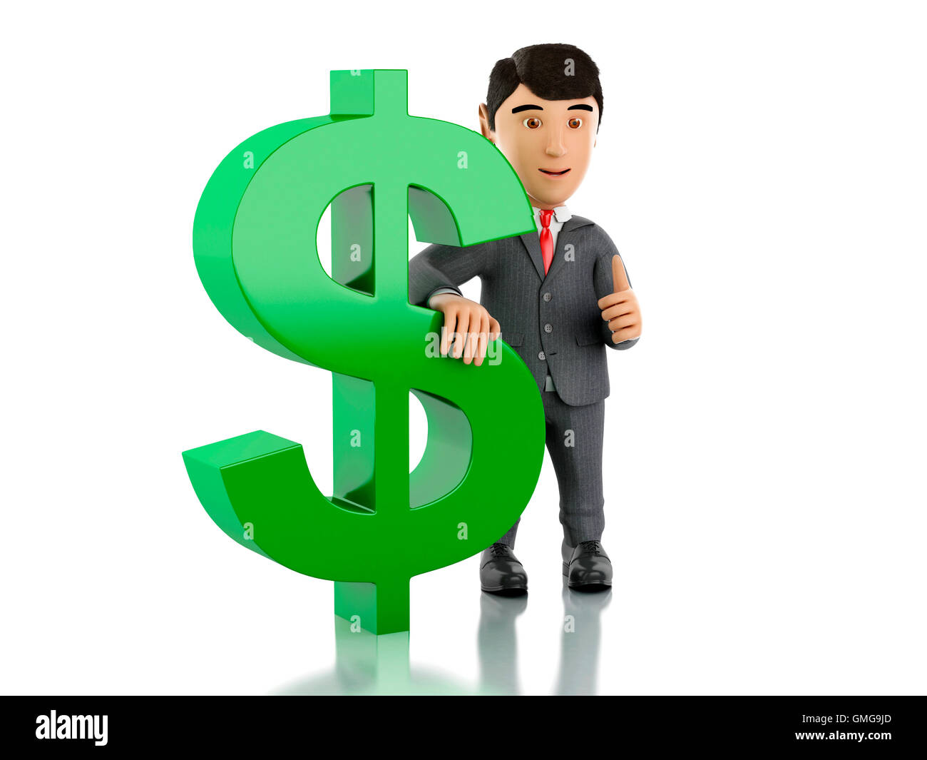 3D renderer immagine. Imprenditore con segni di dollari. Il concetto di business. Isolato sullo sfondo bianco. Foto Stock